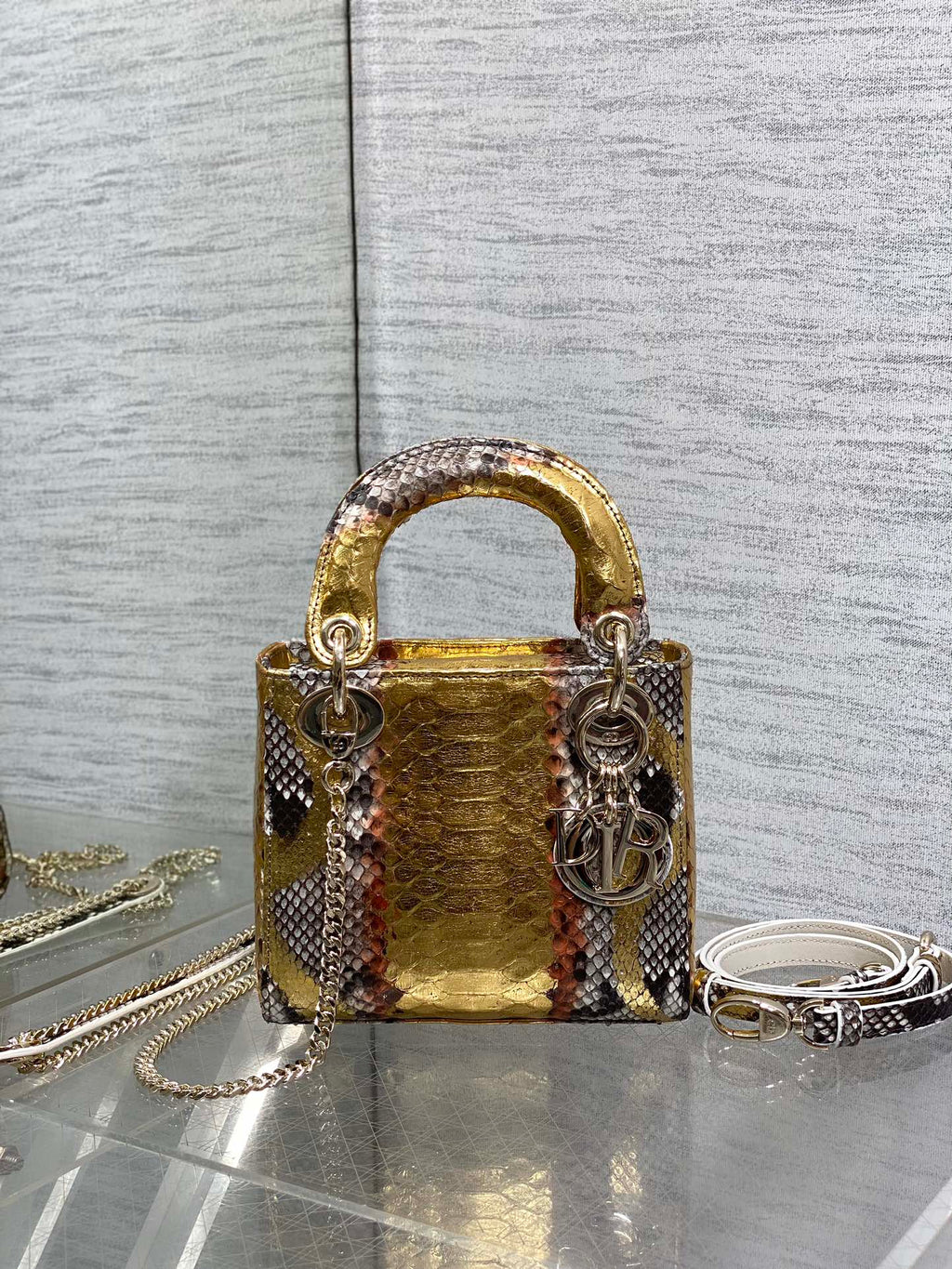 DIOR MINI 17 LADY BAG IN GOLDEN SNAKESKIN PATTERN LAMBSKIN