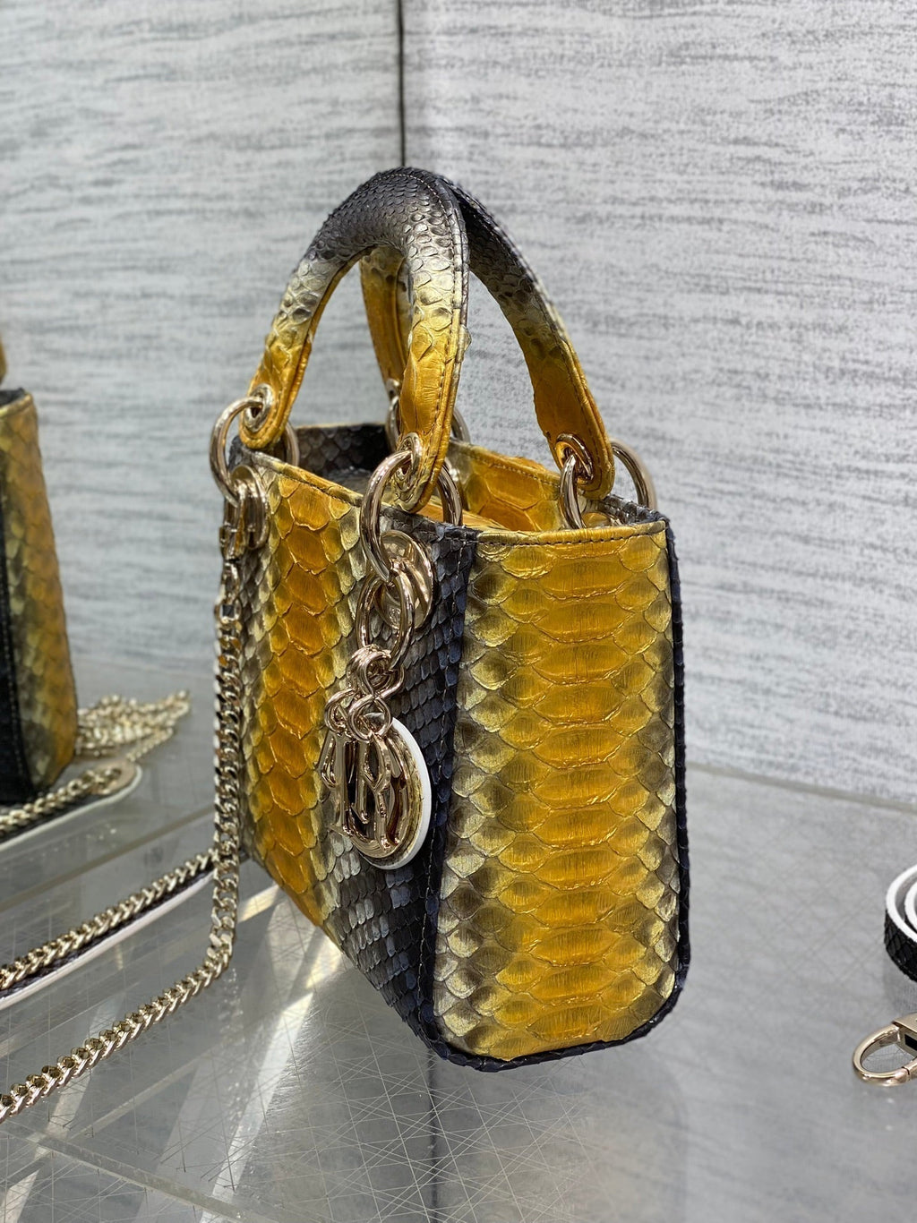 DIOR MINI 17 LADY BAG IN SUN FLOWER MIX BLACK SNAKESKIN PATTERN LAMBSKIN
