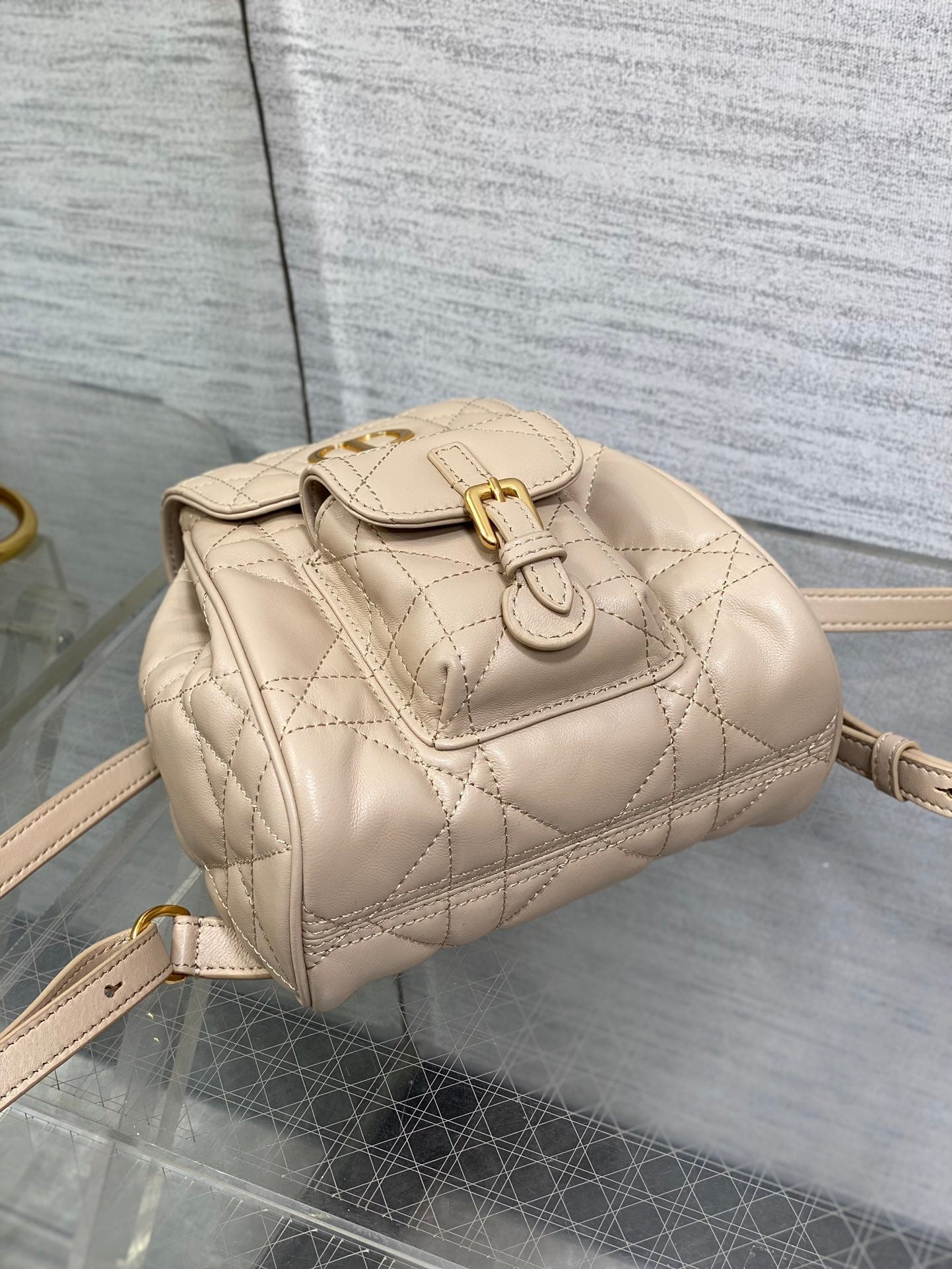 DIOR SMALL 20 CARO BACKPACK IN ALMOND BEIGE MACROCANNAGE LAMBSKIN