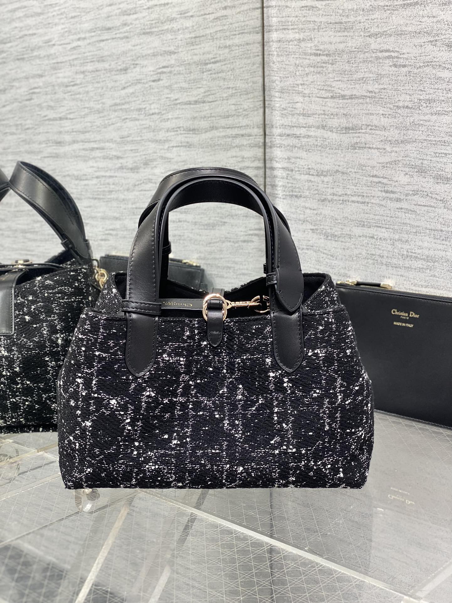DIOR MINI 23 TOUJOURS BAG IN BLACK MIX WHITE CANNAGE TWEED WITH GOLD HARDWARE