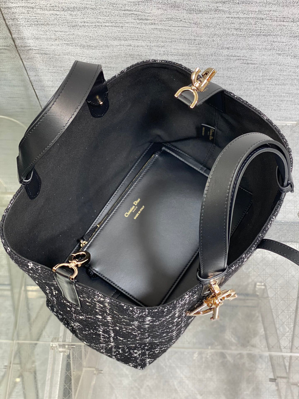 DIOR MEDIUM 28 TOUJOURS BAG IN BLACK MIX WHITE CANNAGE TWEED WITH GOLD HARDWARE