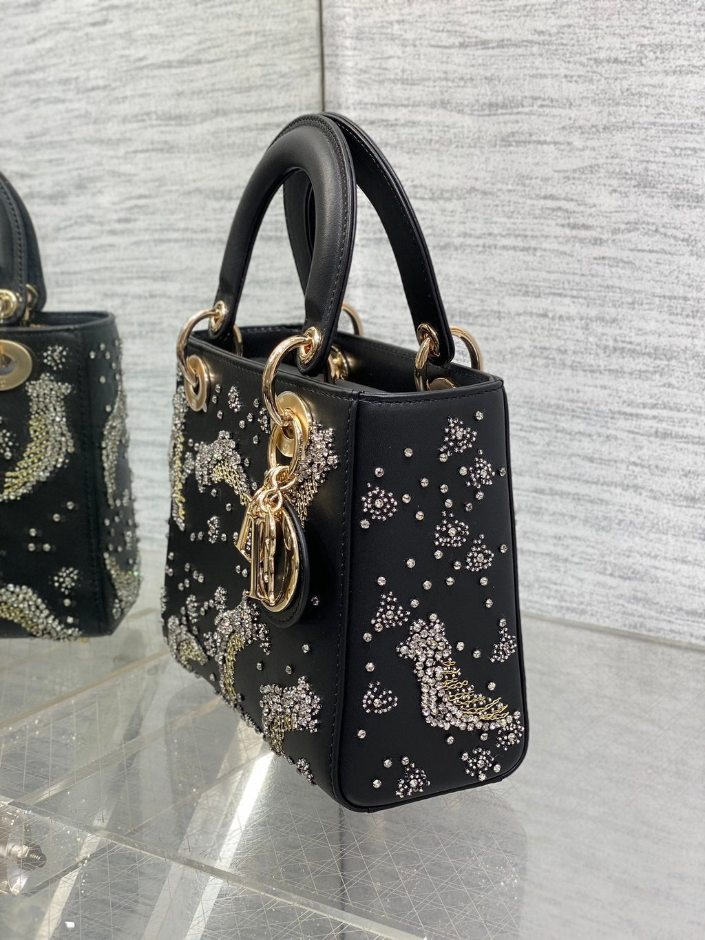 DIOR SMALL 20 BAG BLACK LAMBSKIN WITH SHOOTING STAR EMBROIDERY WOMEN