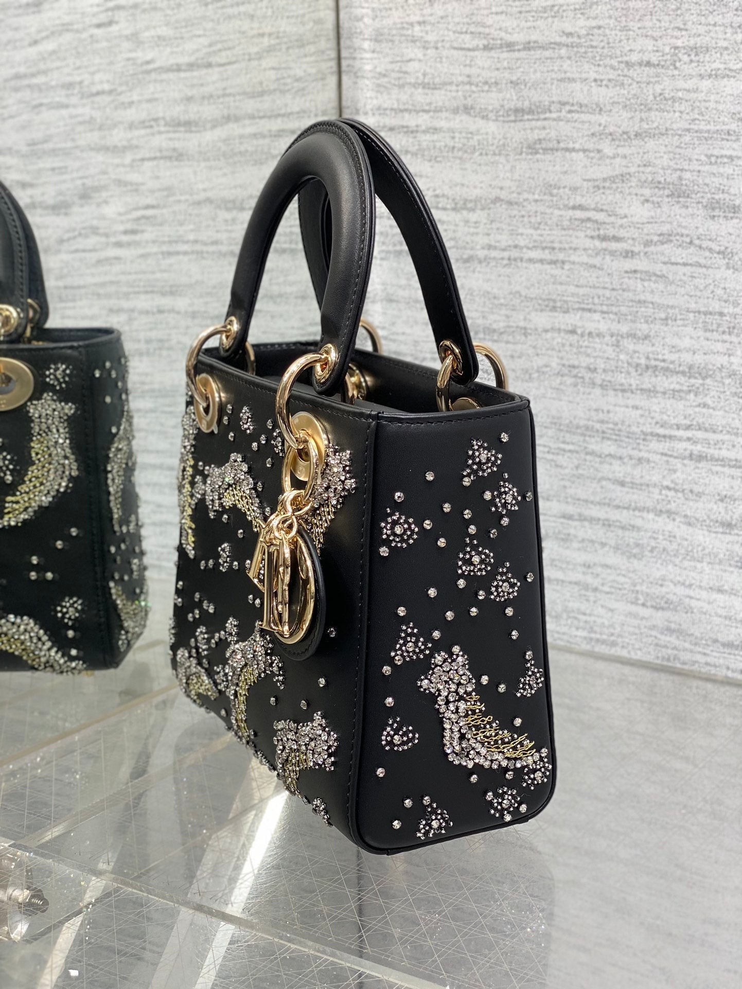 DIOR SMALL 20 BAG BLACK LAMBSKIN WITH SHOOTING STAR EMBROIDERY WOMEN