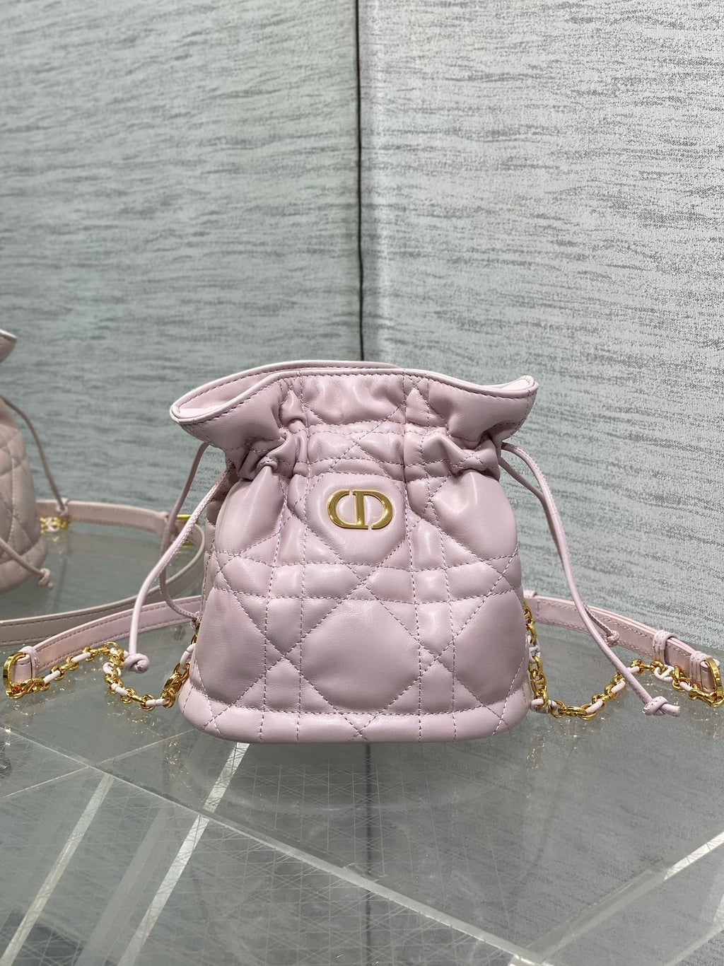 DIOR MONTAIGNE MINI 18 BUCKET BAG WITH DRAWSTRING IN BABY PINK LAMBSKIN