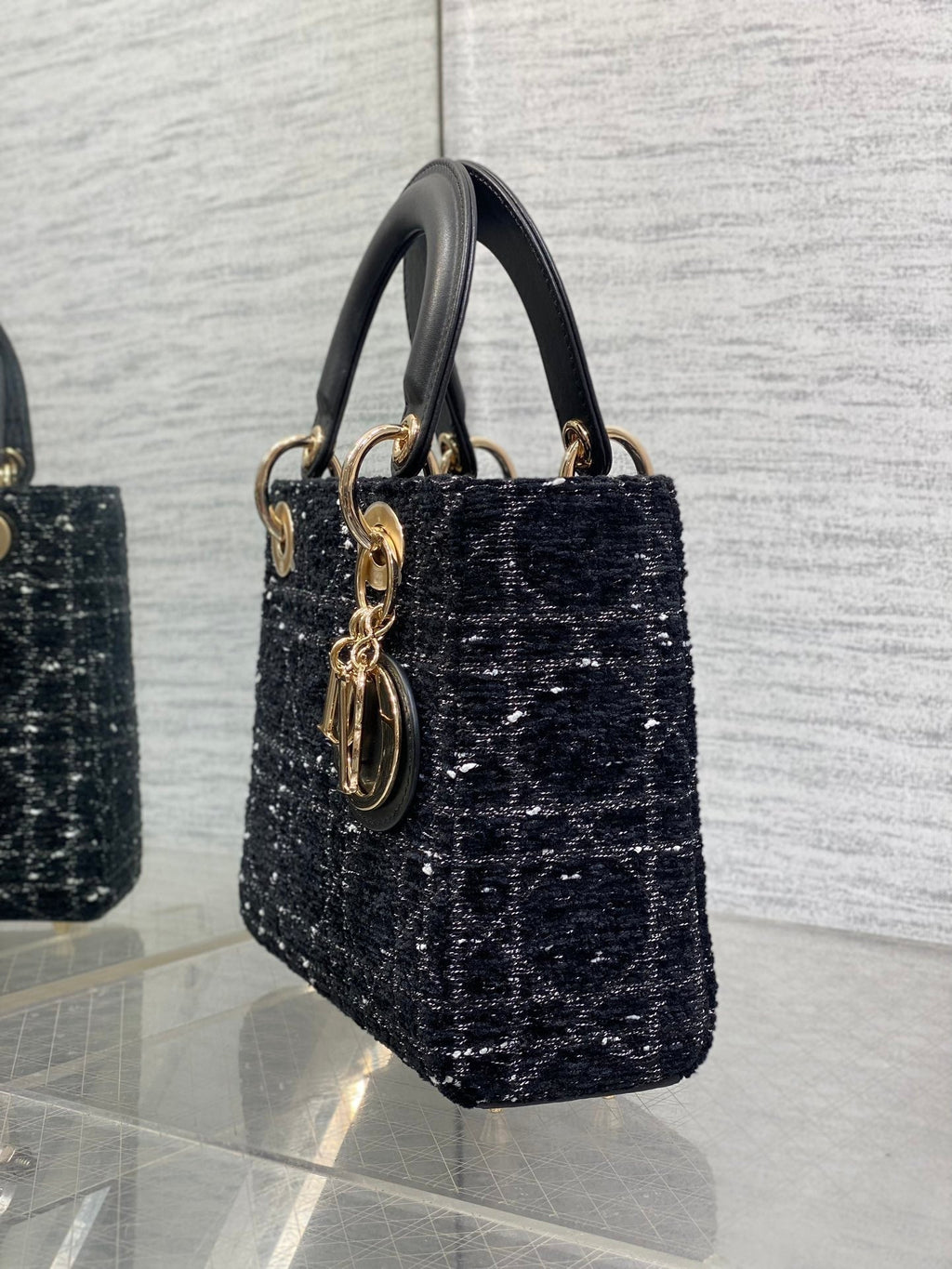 DIOR MINI 20 LADY BAG IN BLACK MIX WHITE CANNAGE TWEED WITH GOLD HARDWARE