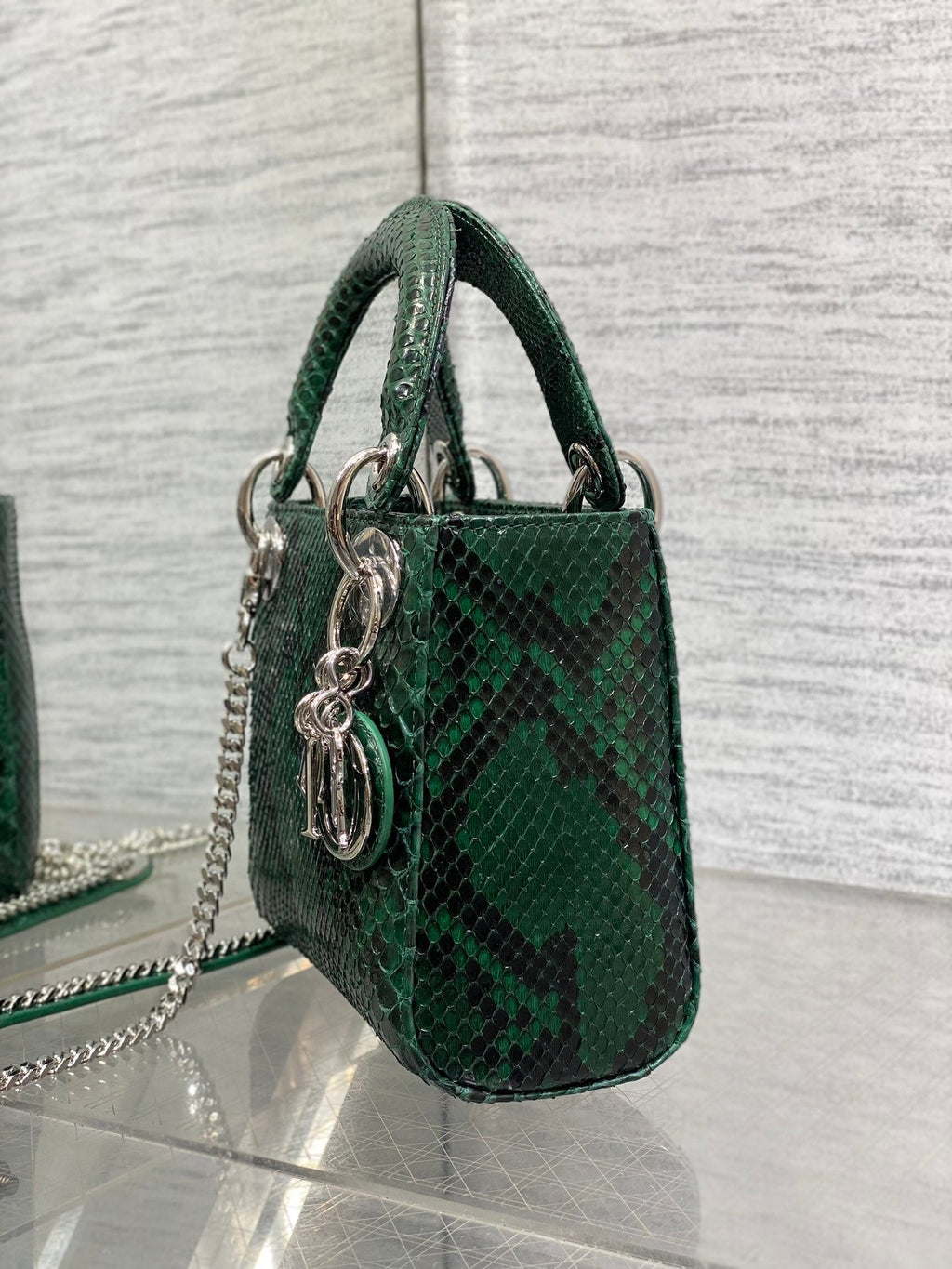 DIOR MINI 17 LADY BAG IN GREEN FOREST MIX BLACK SNAKESKIN PATTERN LAMBSKIN