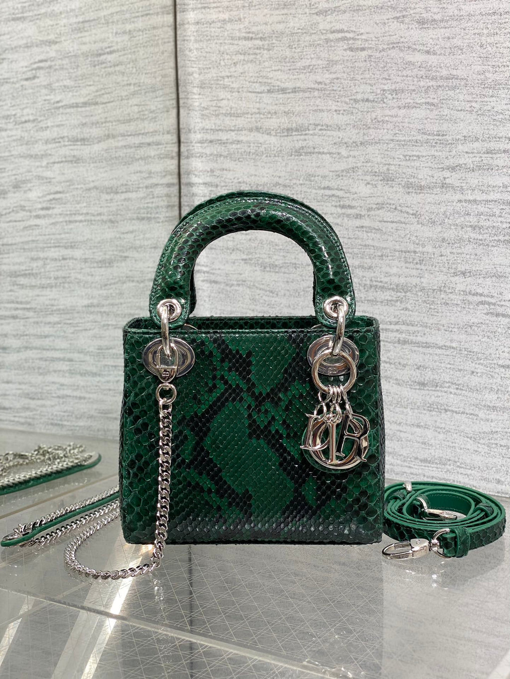 DIOR MINI 17 LADY BAG IN GREEN FOREST MIX BLACK SNAKESKIN PATTERN LAMBSKIN