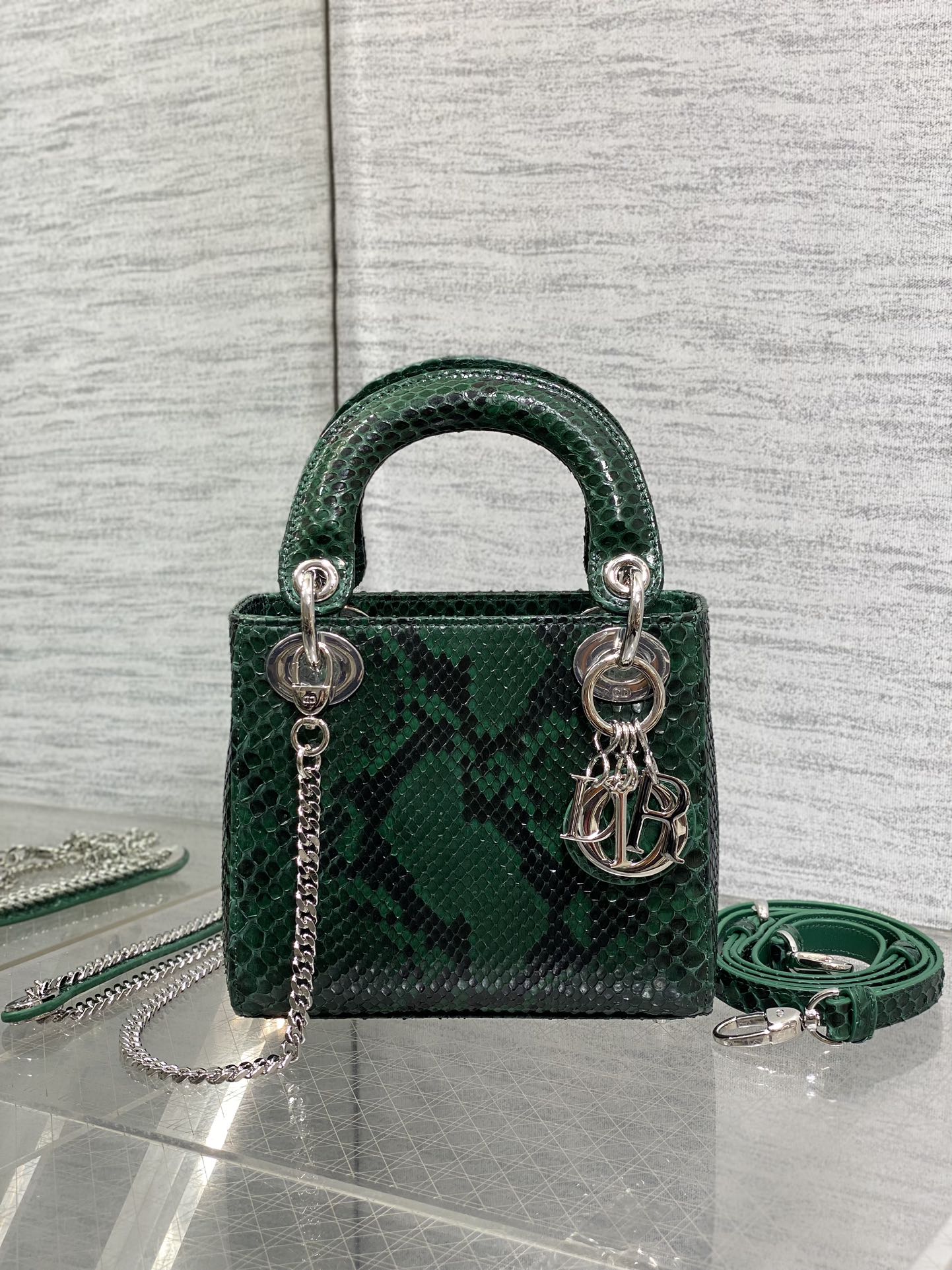DIOR MINI 17 LADY BAG IN GREEN FOREST MIX BLACK SNAKESKIN PATTERN LAMBSKIN