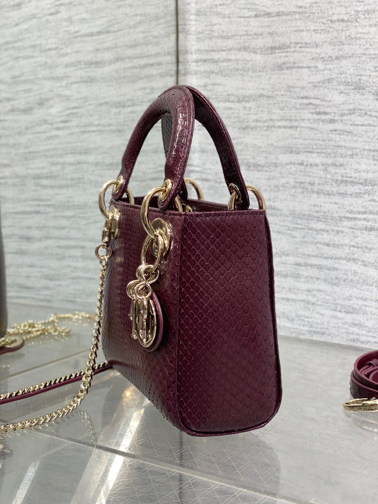 DIOR MINI 17 LADY BAG IN PLUM PURPLE SNAKESKIN PATTERN LAMBSKIN