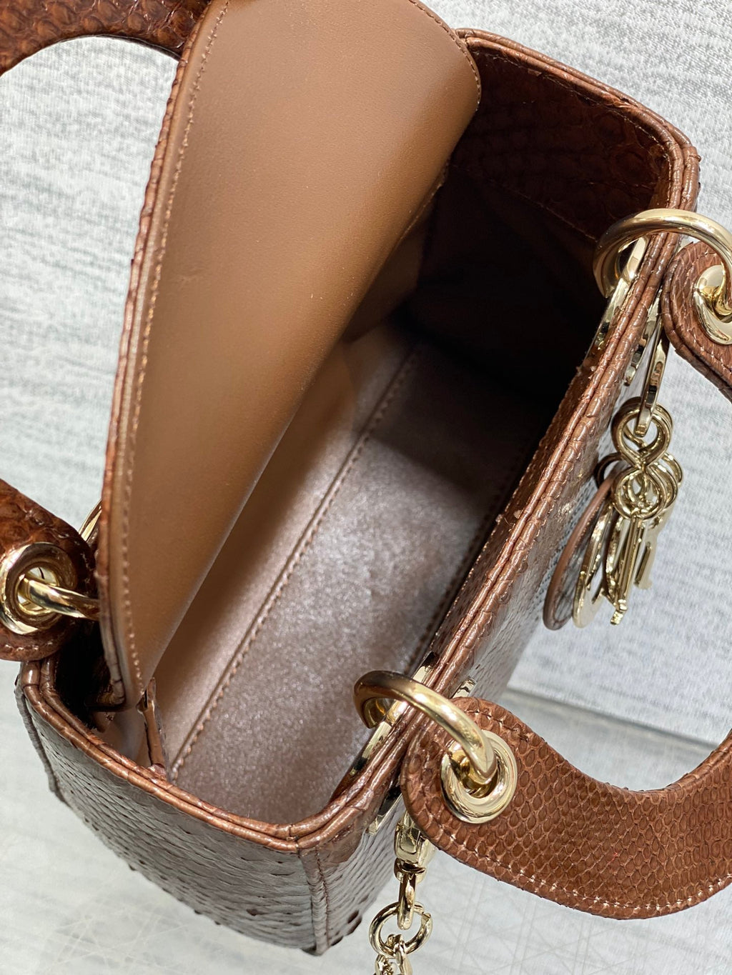 DIOR MINI 17 LADY BAG IN PEACAN BROWN METALLIC LAMBSKIN