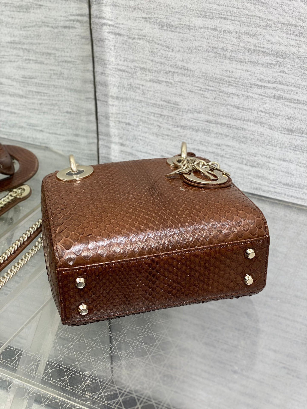 DIOR MINI 17 LADY BAG IN PEACAN BROWN METALLIC LAMBSKIN