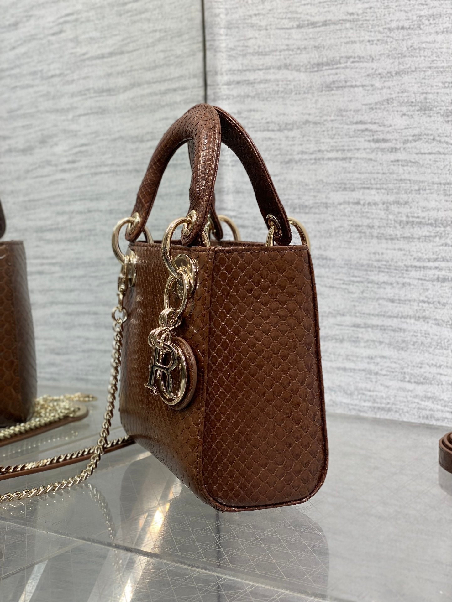 DIOR MINI 17 LADY BAG IN PEACAN BROWN METALLIC LAMBSKIN