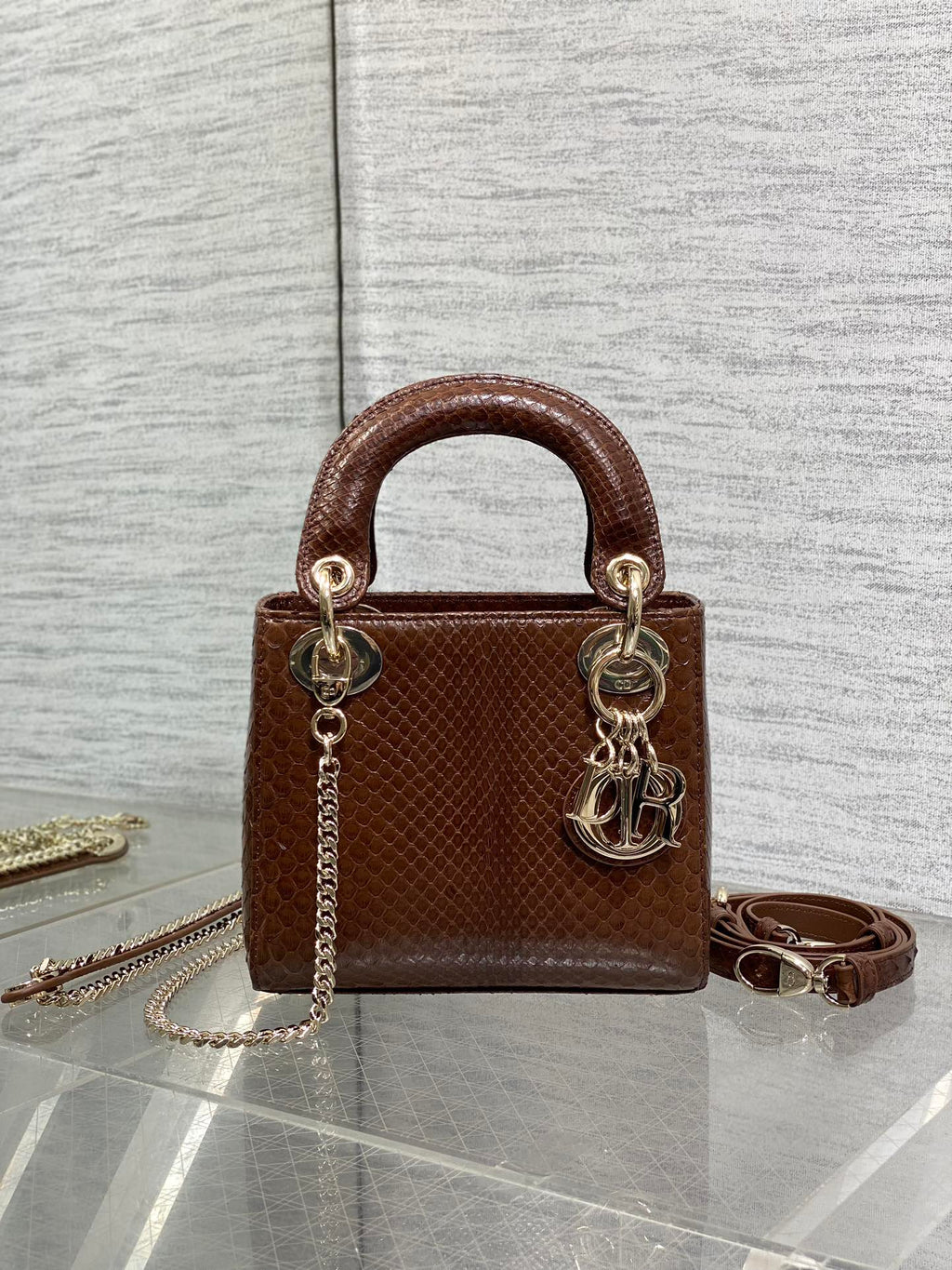 DIOR MINI 17 LADY BAG IN PEACAN BROWN METALLIC LAMBSKIN