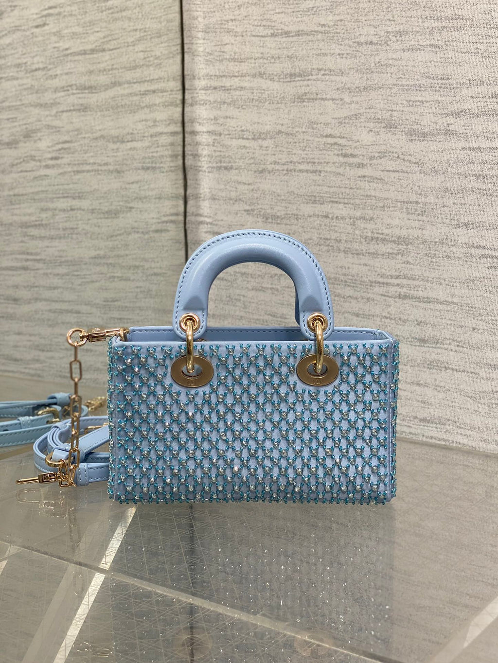 DIOR SMALL 16 LADY D-JOY BAG  IN POWDER BLUE CANNAGE LAMBSKIN WITH EMBROIDERED BEADWORK  BEADWORK