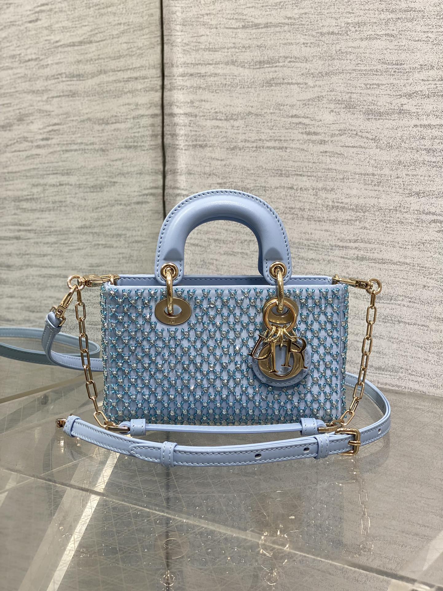 DIOR SMALL 16 LADY D-JOY BAG  IN POWDER BLUE CANNAGE LAMBSKIN WITH EMBROIDERED BEADWORK  BEADWORK