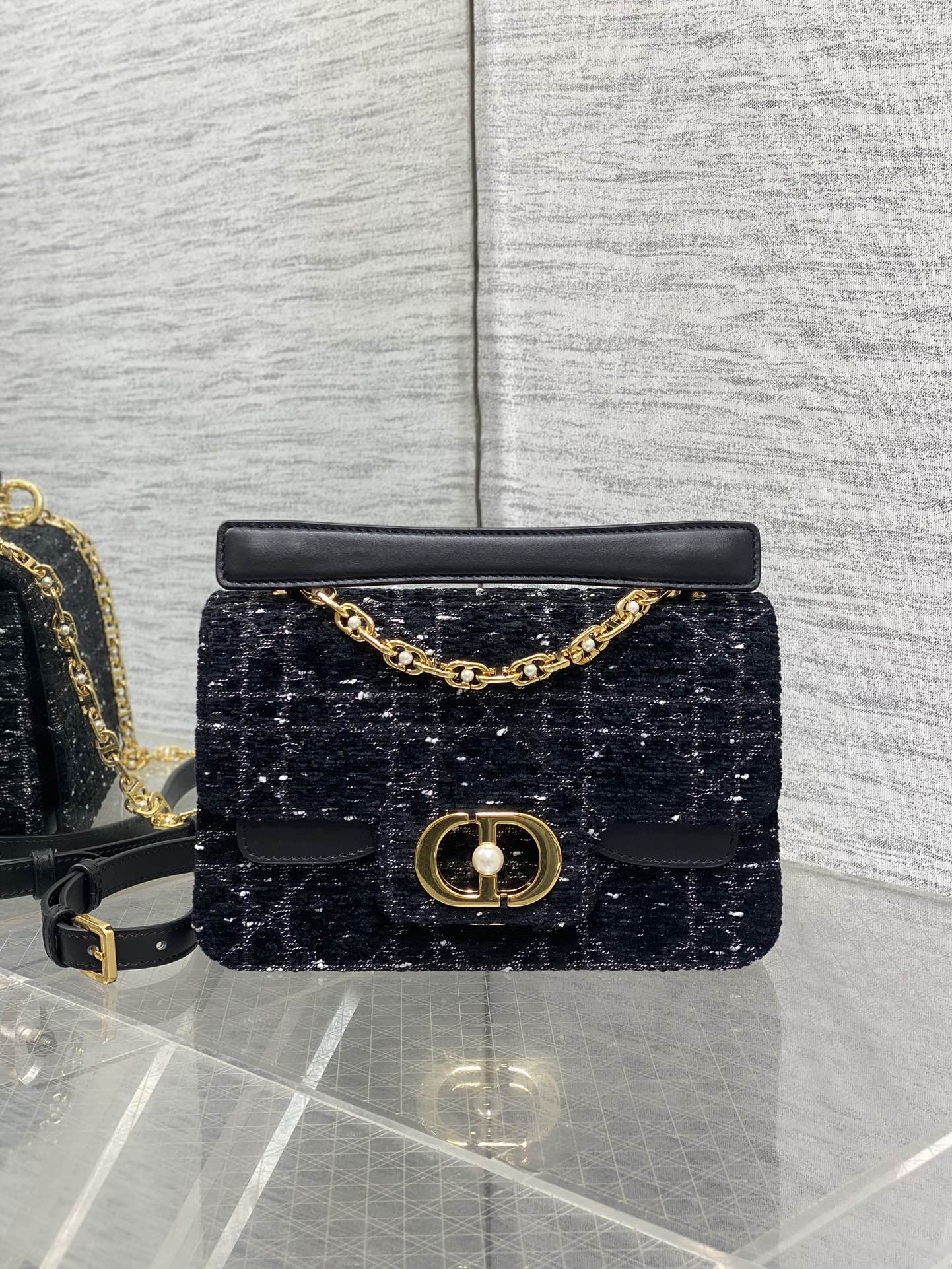 DIOR SMALL 22 JOLIE TOP HANDLE BAG IN BLACK MIX WHITE CANNAGE TWEED