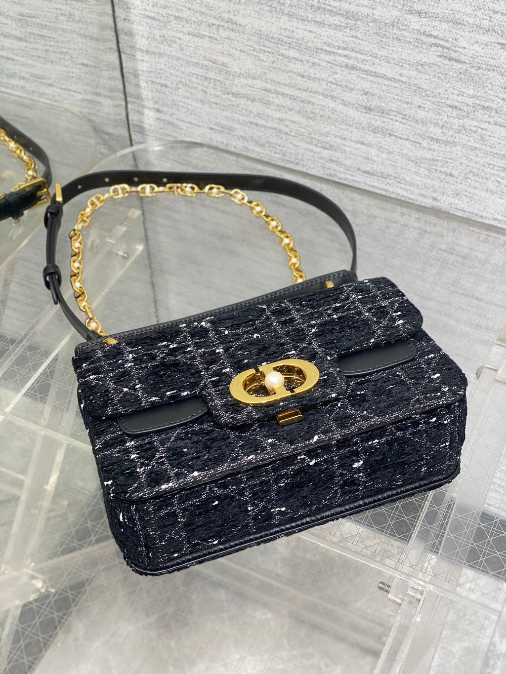 DIOR SMALL 22 JOLIE TOP HANDLE BAG IN BLACK MIX WHITE CANNAGE TWEED