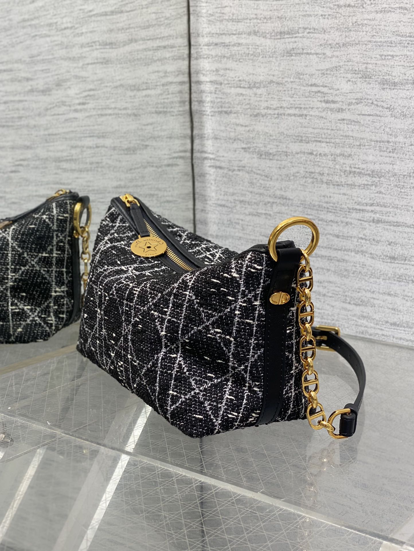 DIOR STAR HOBO 28 BAG WITH CHAIN BLACK MIX WHITE CANNAGE TWEED WITH GOLD HARDWARE