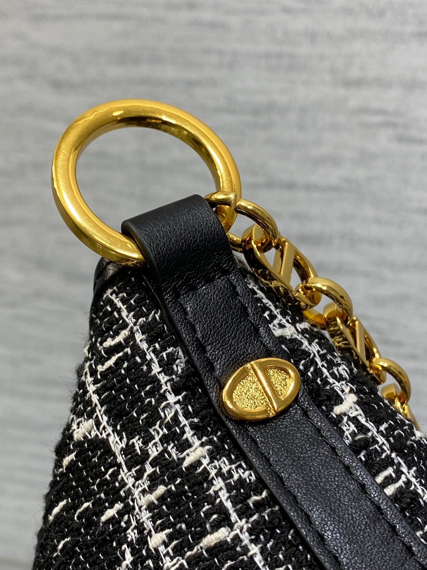 DIOR STAR HOBO 28 BAG WITH CHAIN BLACK MIX WHITE CANNAGE TWEED WITH GOLD HARDWARE