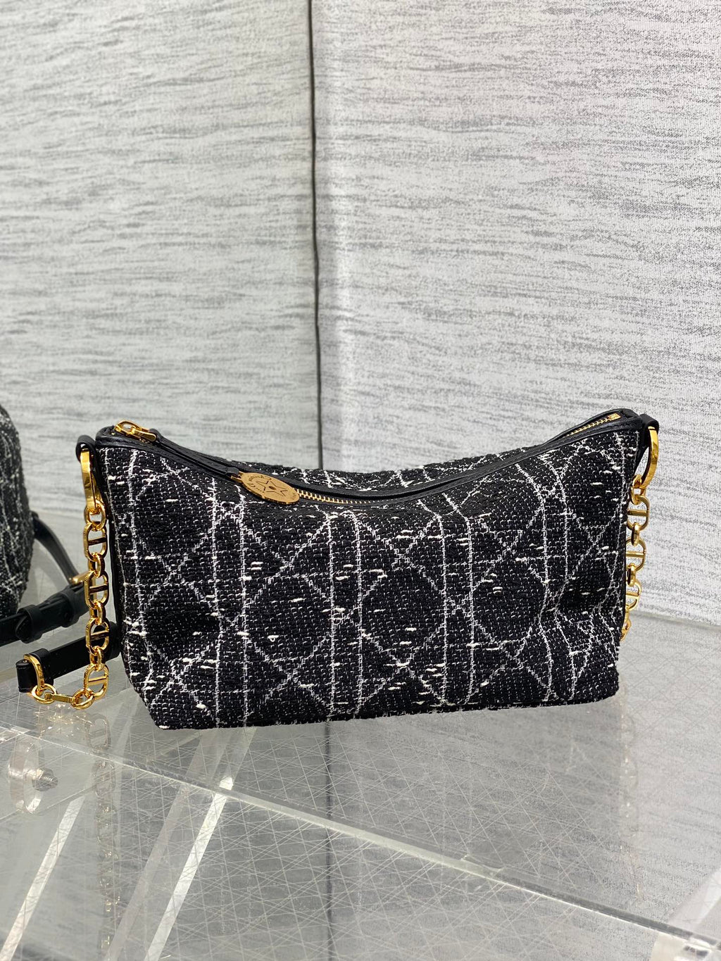 DIOR STAR HOBO 28 BAG WITH CHAIN BLACK MIX WHITE CANNAGE TWEED WITH GOLD HARDWARE