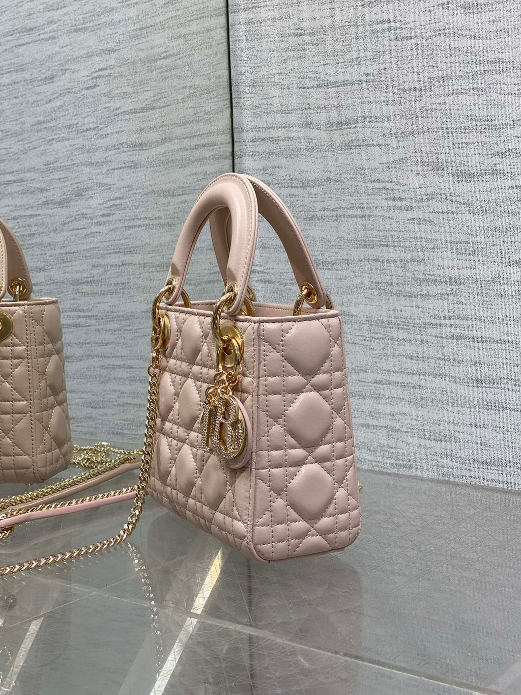 DIOR 25S MINI LADY  BAG 17 IN PINK CALFSKIN CHARM CRYSTAL EMBELLISHMENTS