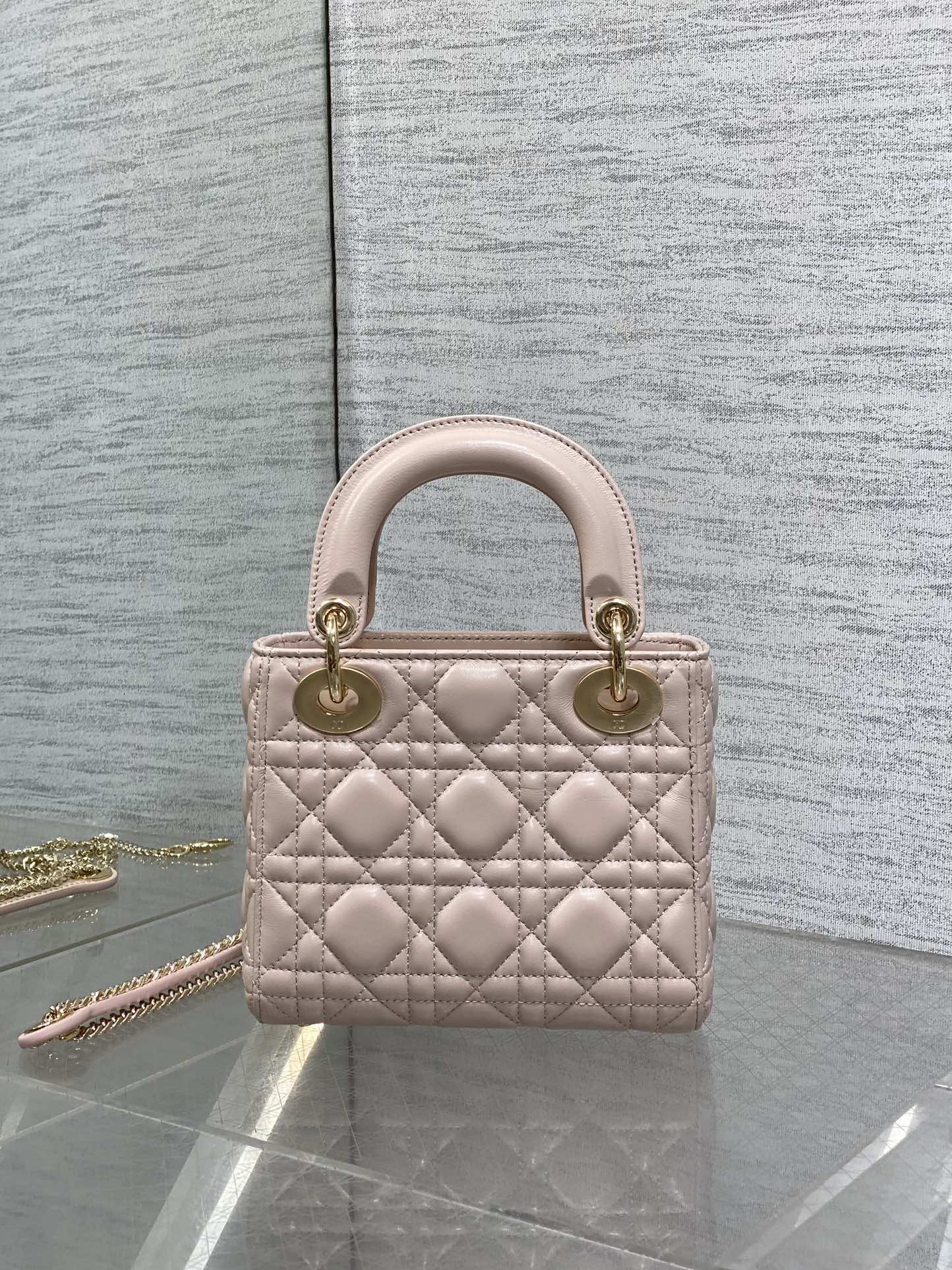 DIOR 25S MINI LADY  BAG 17 IN PINK CALFSKIN CHARM CRYSTAL EMBELLISHMENTS