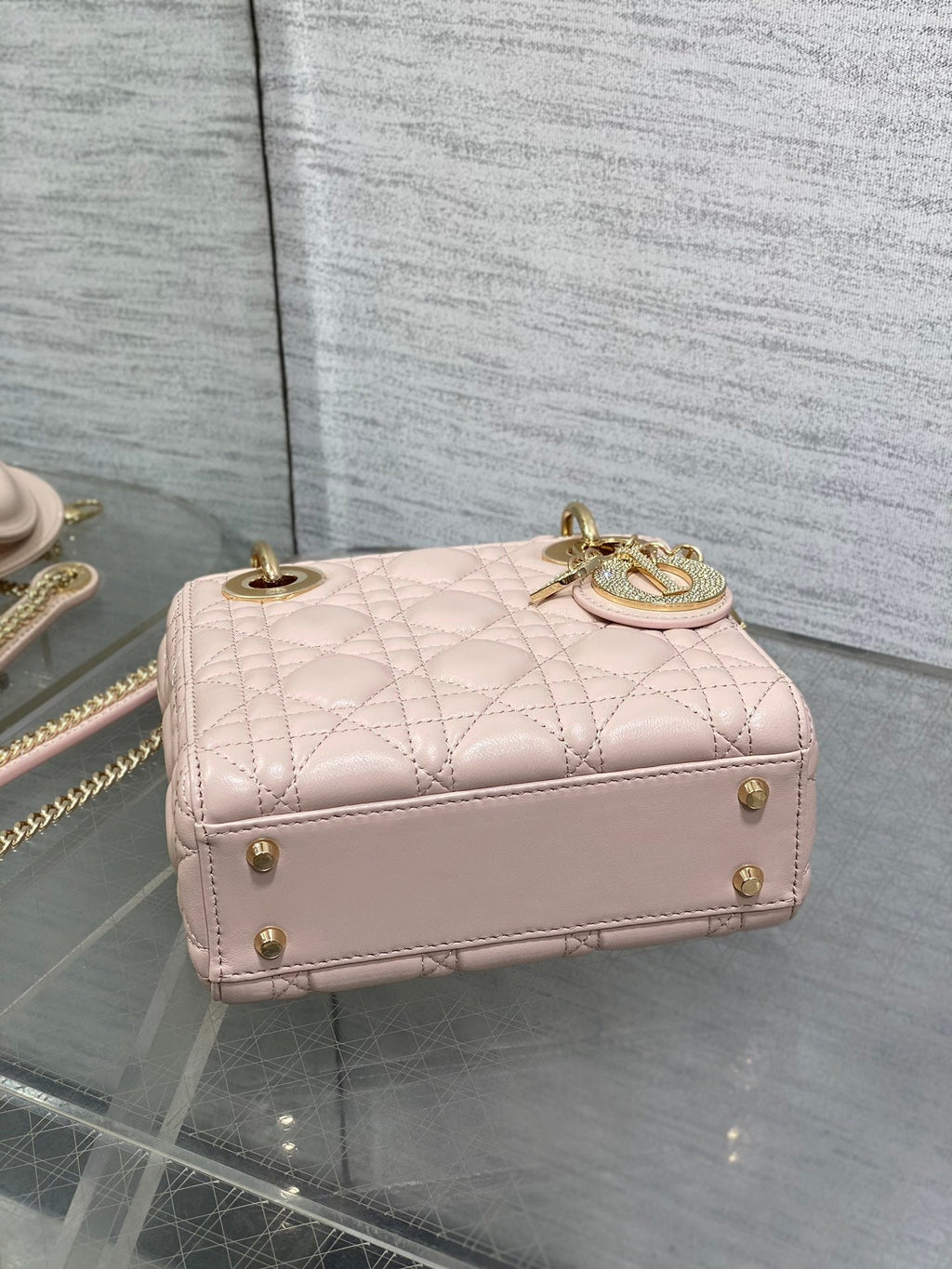 DIOR 25S MINI LADY  BAG 17 IN PINK CALFSKIN CHARM CRYSTAL EMBELLISHMENTS
