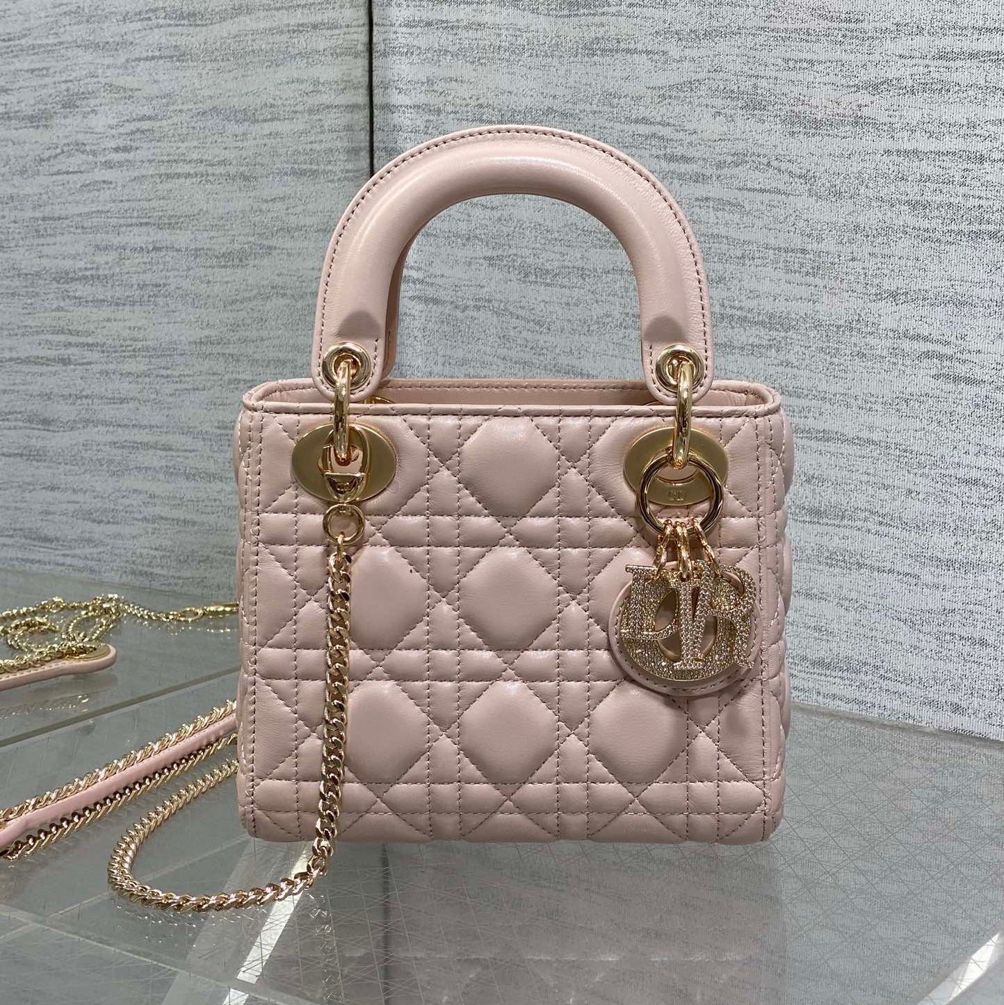 DIOR 25S MINI LADY  BAG 17 IN PINK CALFSKIN CHARM CRYSTAL EMBELLISHMENTS