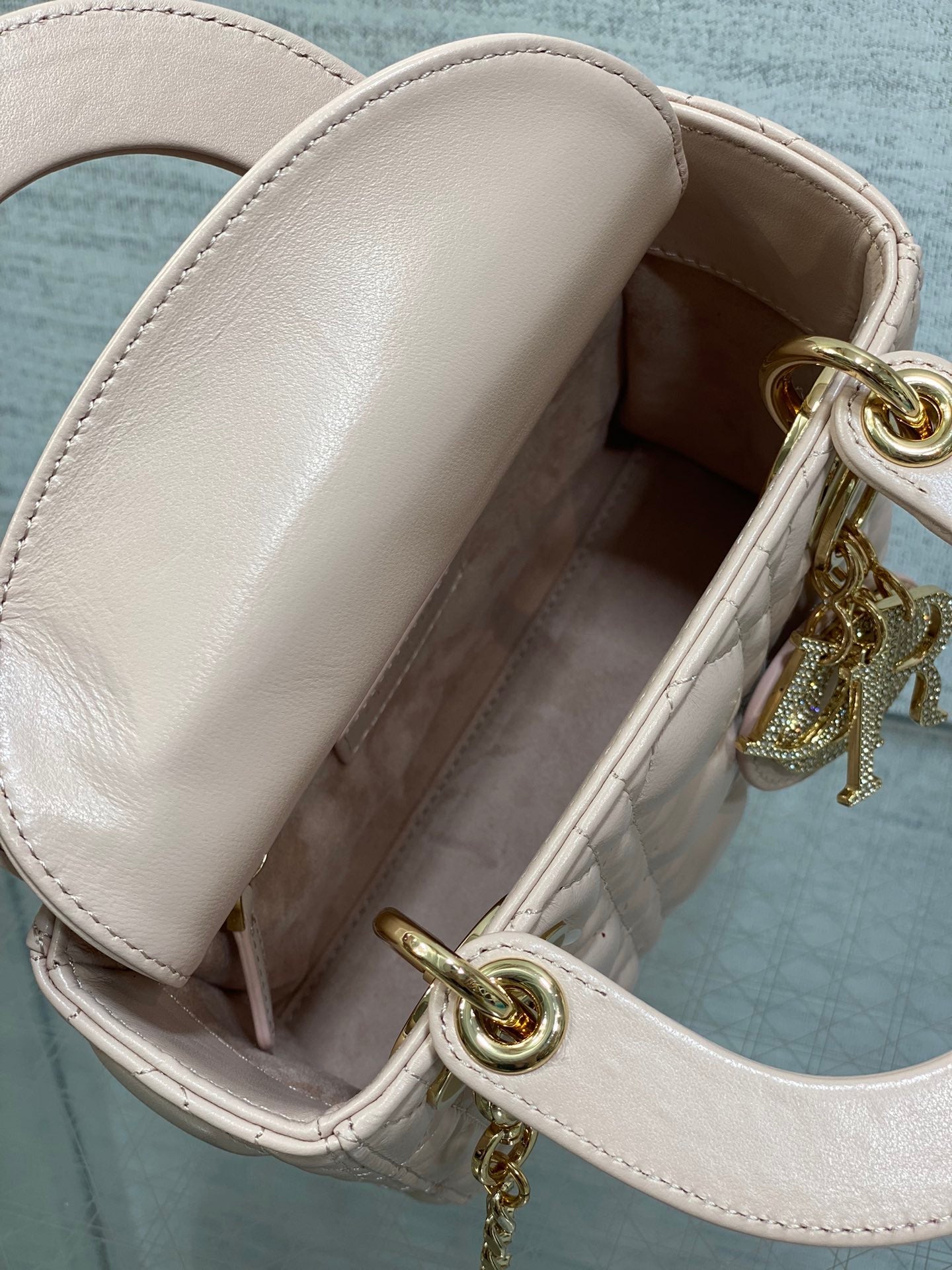DIOR 25S MINI LADY  BAG 17 IN PINK CALFSKIN CHARM CRYSTAL EMBELLISHMENTS