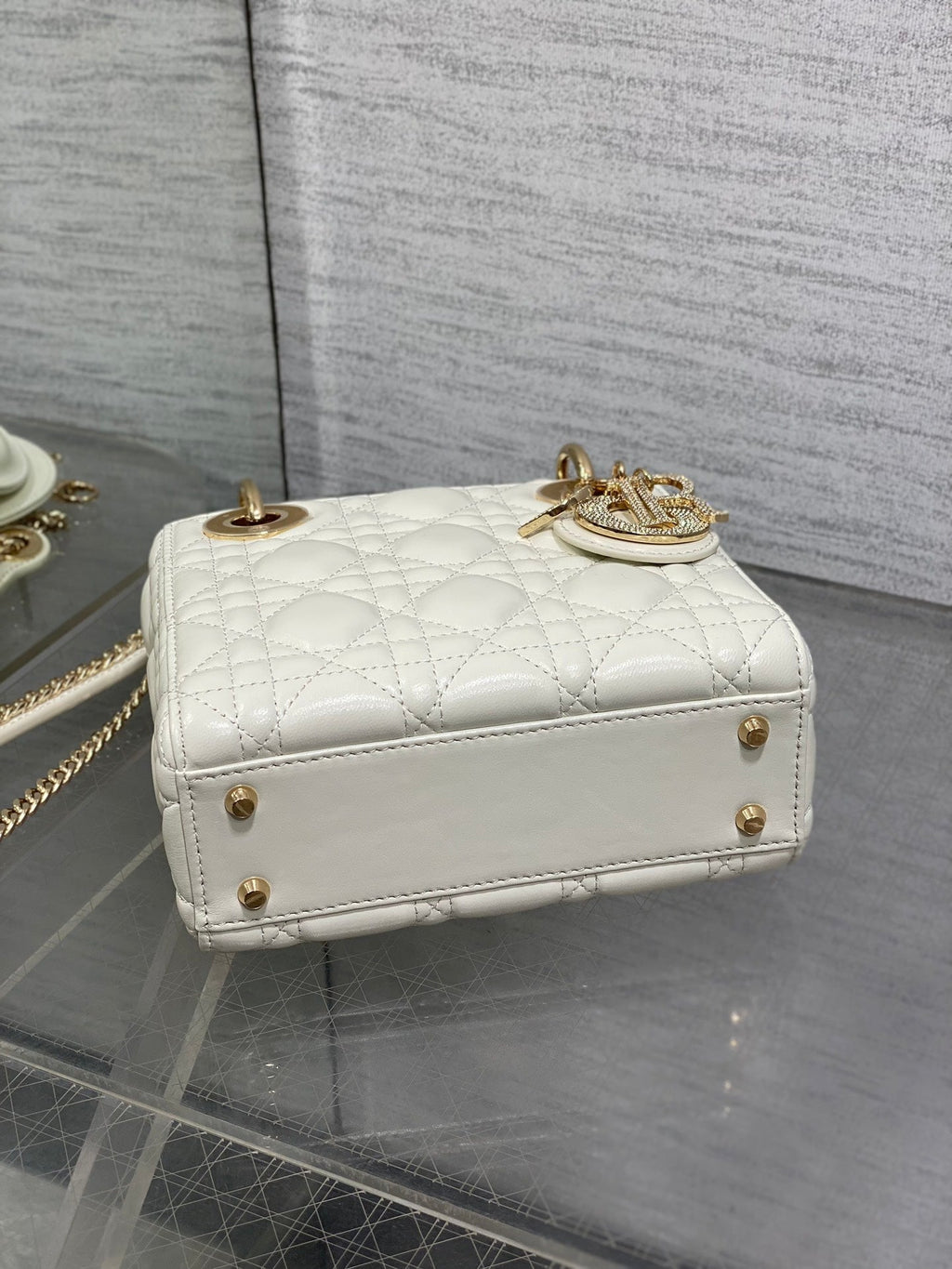 DIOR 25S MINI LADY  BAG 17 IN IVORY CALFSKIN CHARM CRYSTAL EMBELLISHMENTS