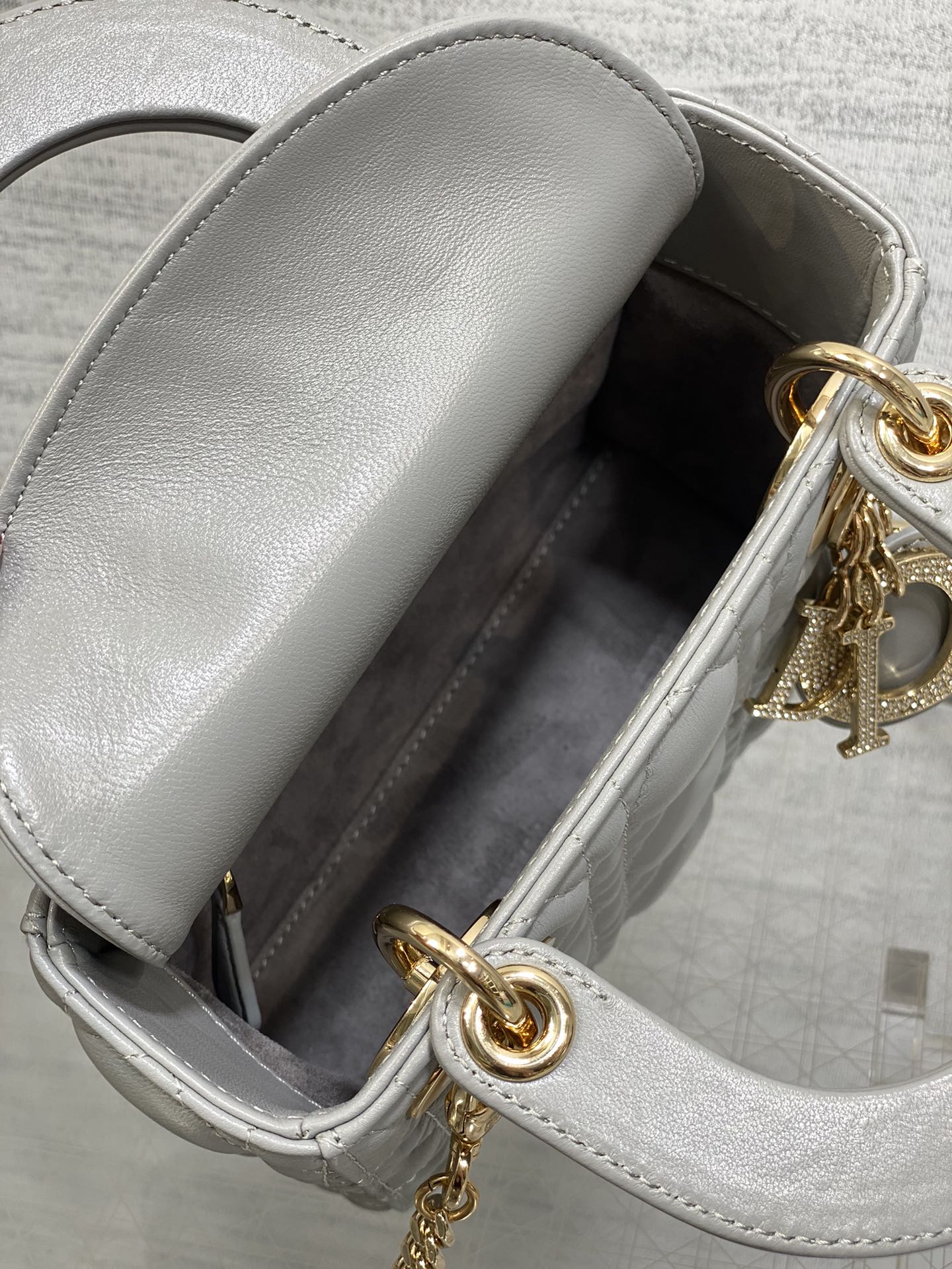 DIOR 25S MINI LADY  BAG 17 IN DARK GRAY CALFSKIN CHARM CRYSTAL EMBELLISHMENTS