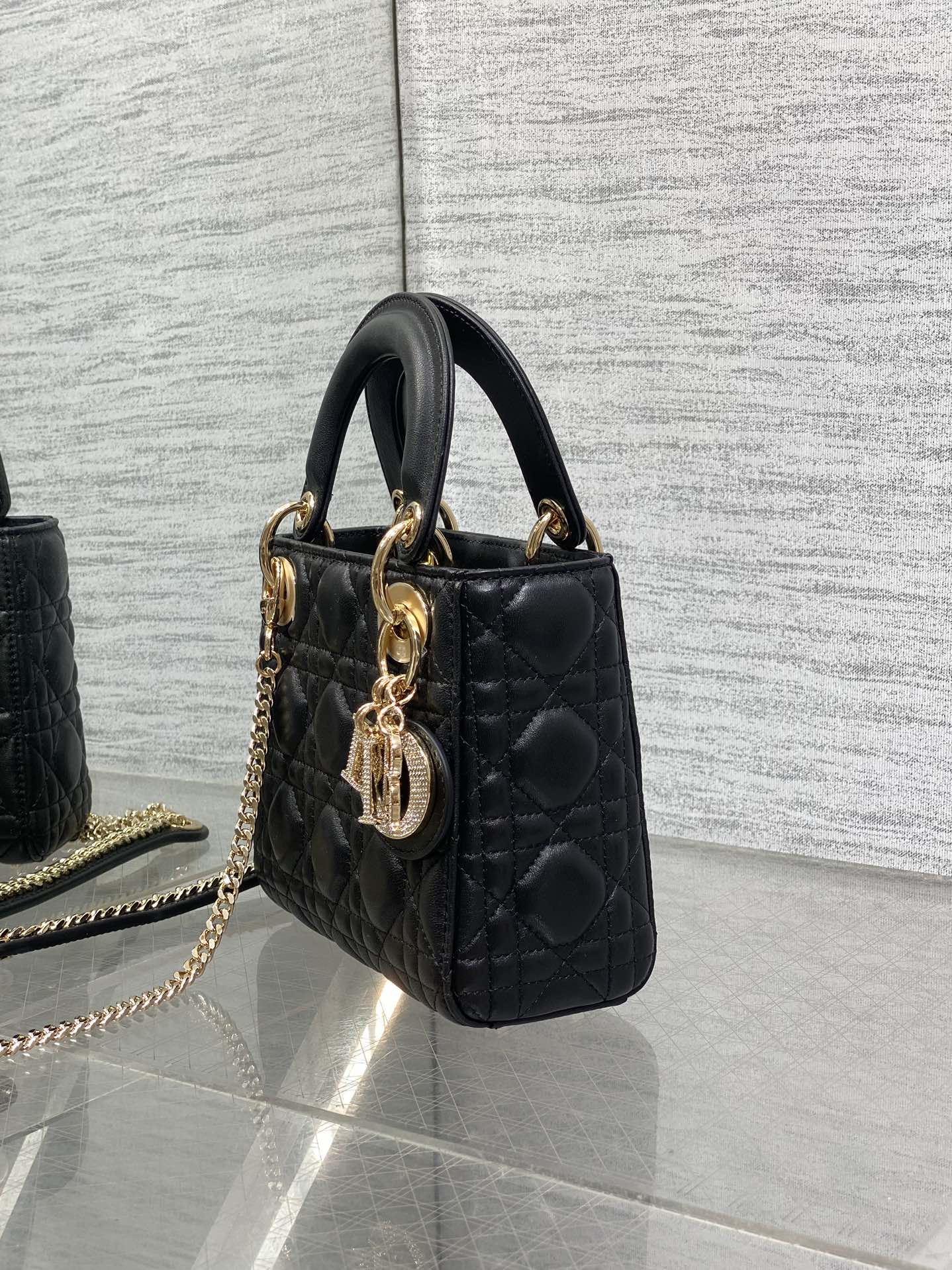 DIOR 25S MINI LADY  BAG 17 IN BLACK CALFSKIN CHARM CRYSTAL EMBELLISHMENTS