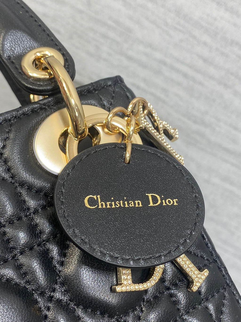DIOR 25S MINI LADY  BAG 17 IN BLACK CALFSKIN CHARM CRYSTAL EMBELLISHMENTS