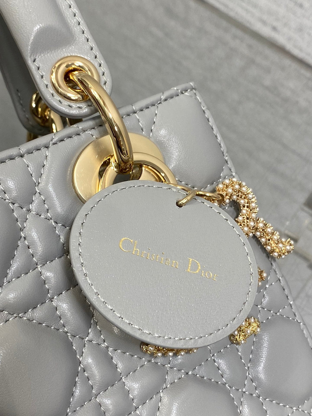 DIOR 25S LADY  BAG 20 IN DARK GRAY CALFSKIN CHARM PEARL EMBELLISHMENTS