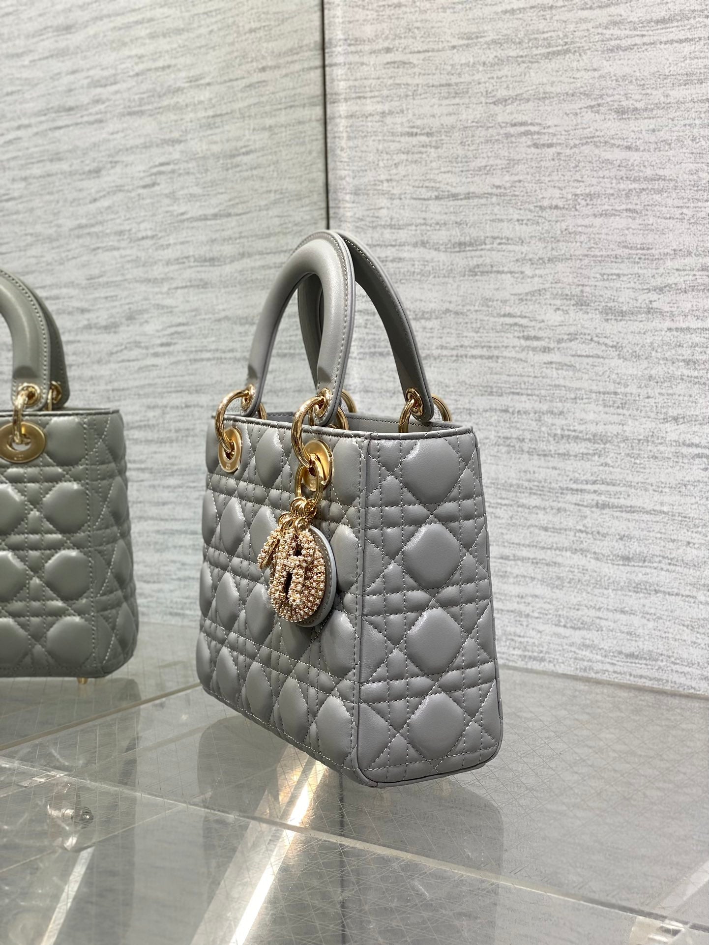DIOR 25S LADY  BAG 20 IN DARK GRAY CALFSKIN CHARM PEARL EMBELLISHMENTS