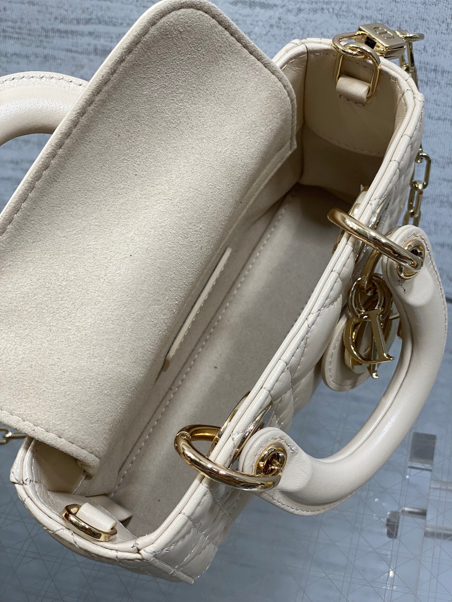 DIOR 25S MICRO LADY D-JOY 16 IN BEIGE LAMBSKIN GOLD HARDWRE