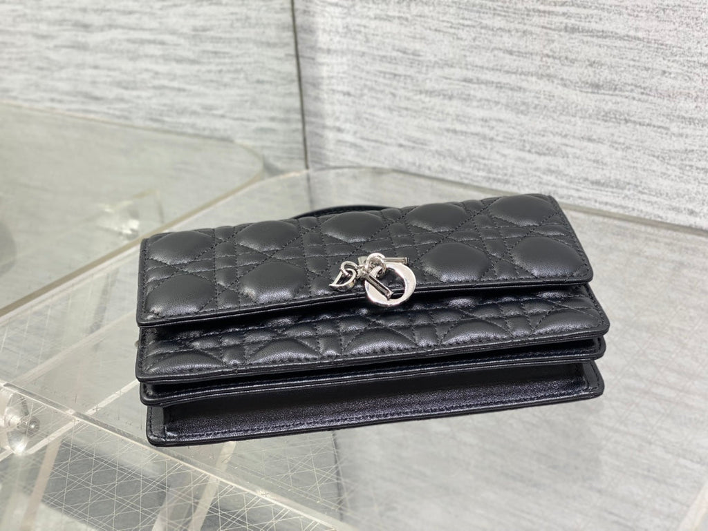 DIOR 25S  TALK PHONE POUCH 21 IN BLACK CANNAGE LAMBSKIN SILVER HARDWARE