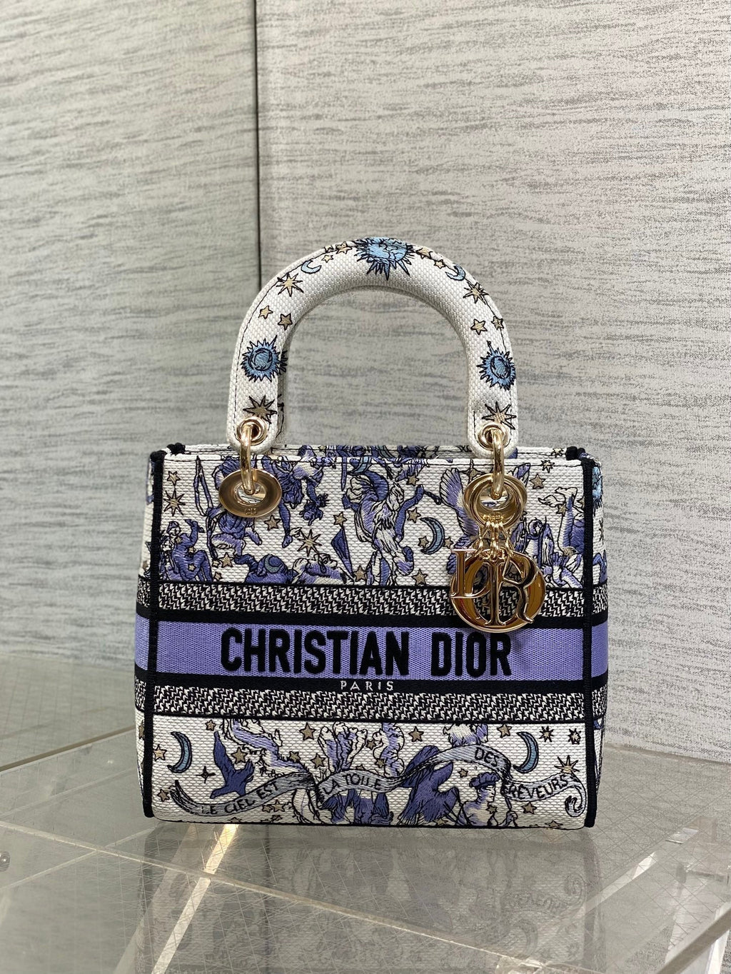DIOR 25S SMALL LADY D-LITE BAG 24 IN PURPLE  NIGHT OF DREAMS EMBROIDERY