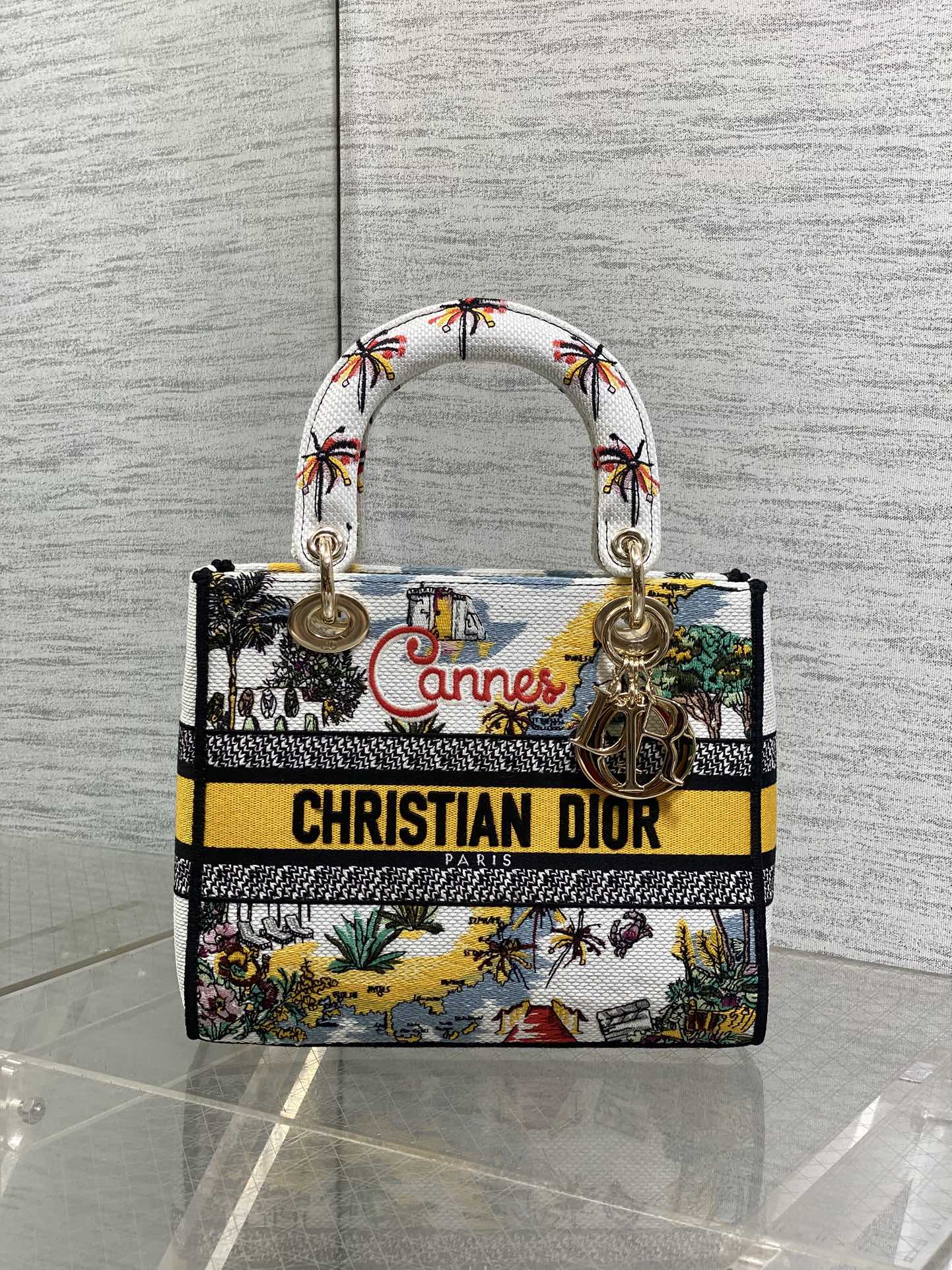 DIOR 25S SMALL LADY D-LITE BAG 24 IN YELLOW CANVAS  CANNES