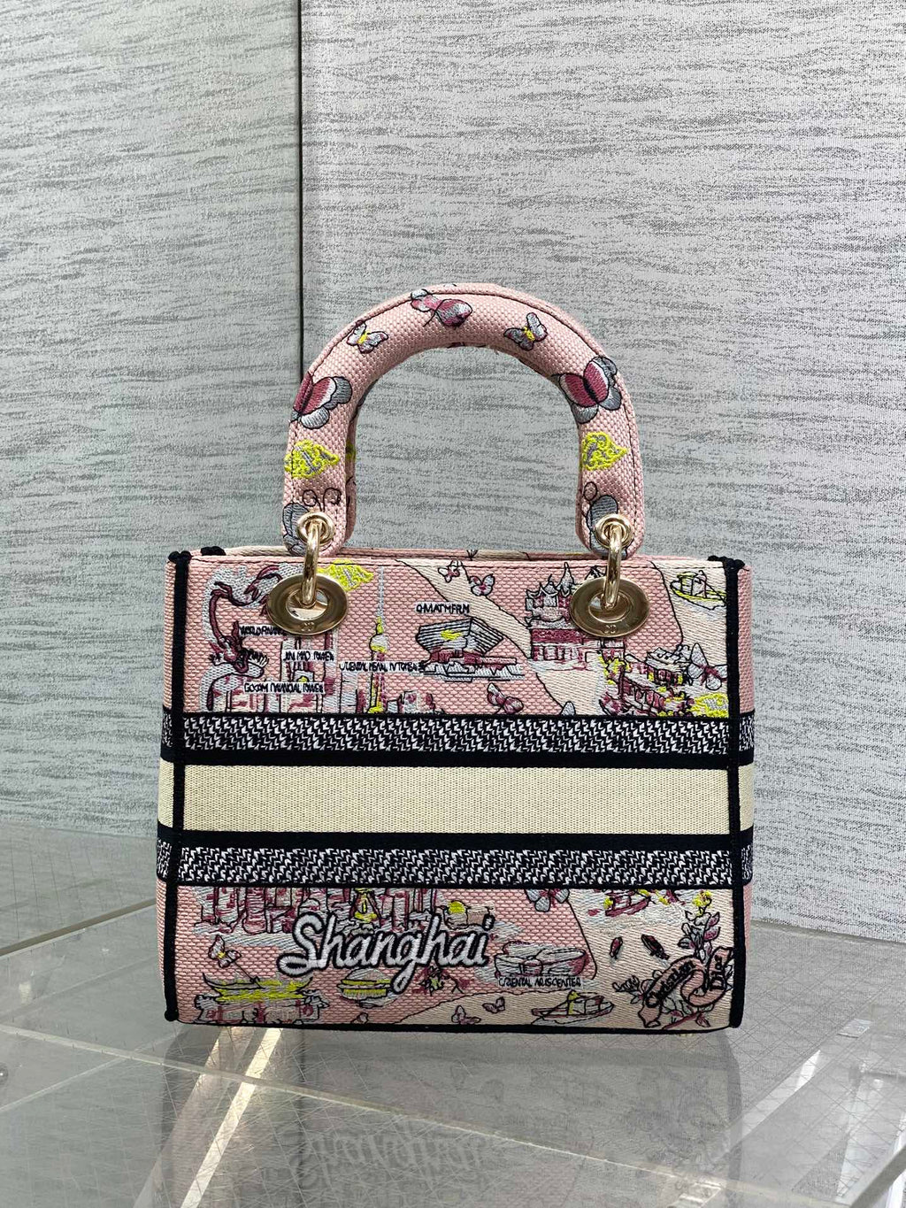 DIOR 25S SMALL LADY D-LITE BAG 24 IN PINK CANVAS  BUTTERFLY