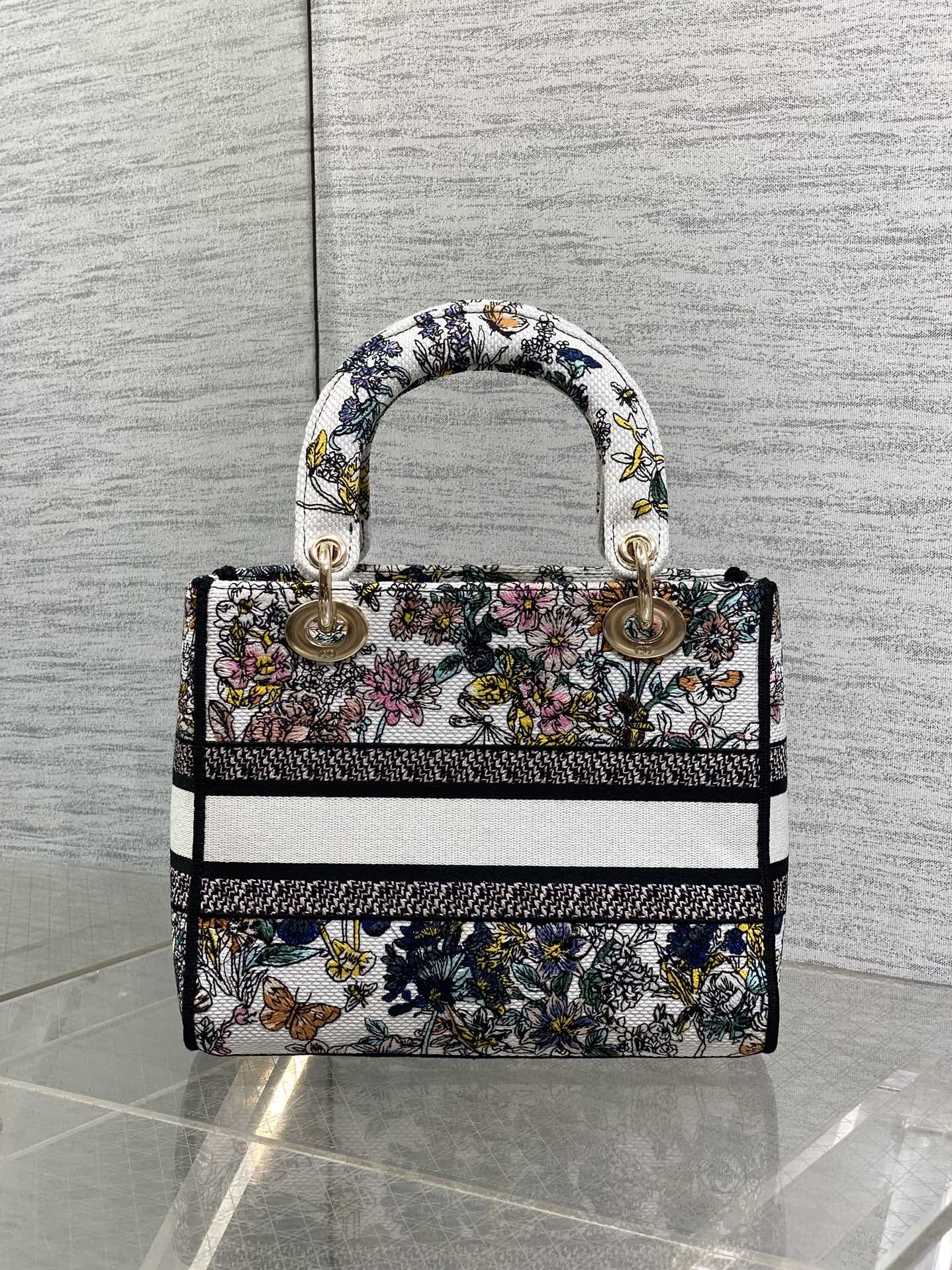 DIOR 25S SMALL LADY D-LITE BAG 24 IN MULTICOLOR  FLOWERS CALENDAR ALLOVER EMBROIDERY