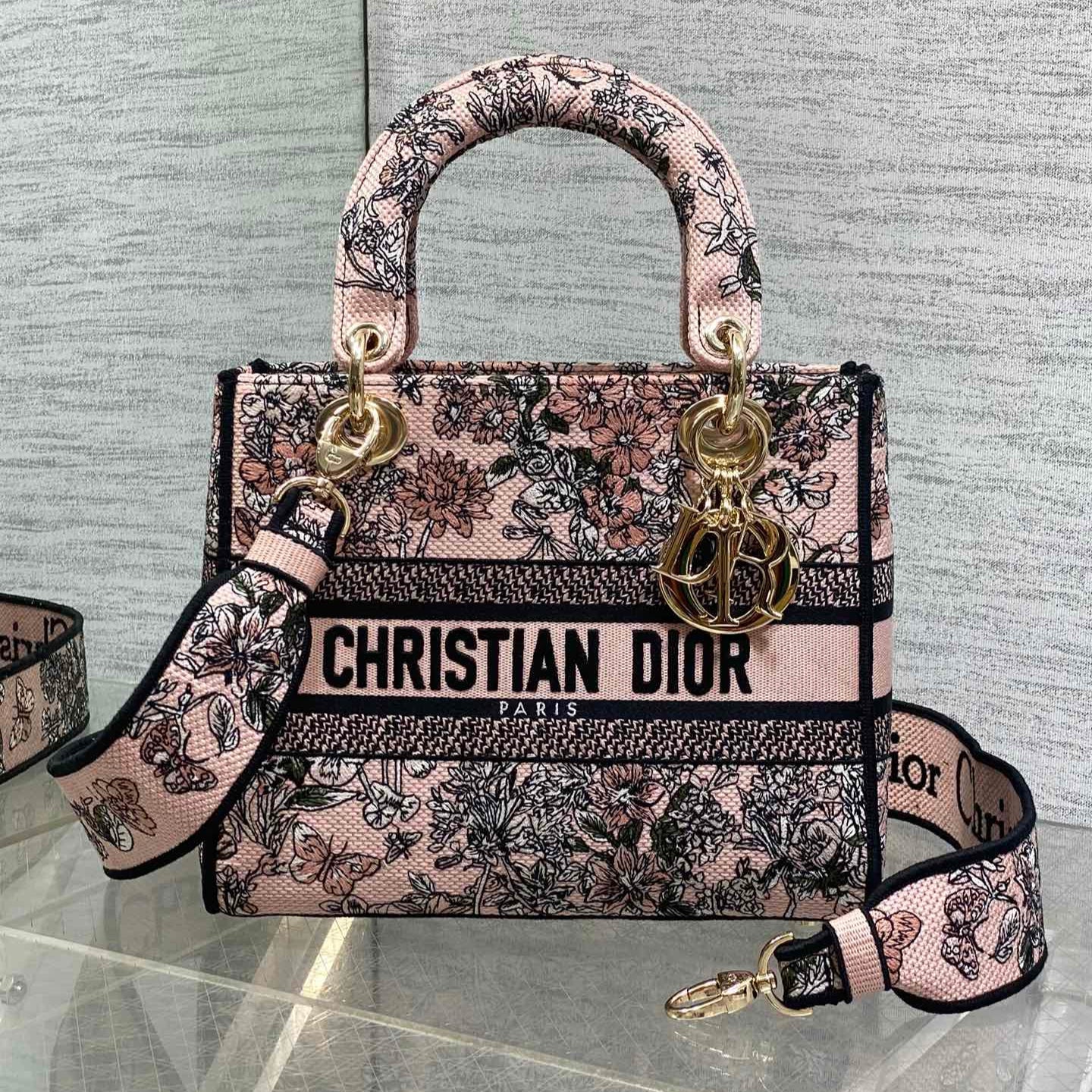 DIOR 25S SMALL LADY D-LITE BAG 24 IN PINK  FLOWERS CALENDAR ALLOVER EMBROIDERY