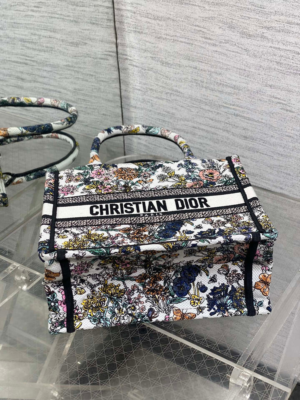 DIOR 25S LUCKY SMALL DIOR BOOK TOTE 26 IN MULTICOLOR DIOR FLOWERS CALENDAR ALLOVER EMBROIDERY