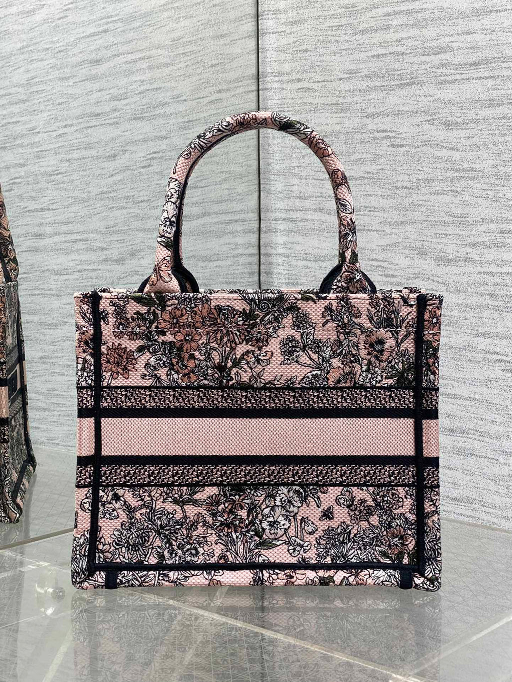 DIOR 25S LUCKY SMALL DIOR BOOK TOTE 26 IN PINK MULTICOLOR DIOR FLOWERS CALENDAR ALLOVER EMBROIDERY