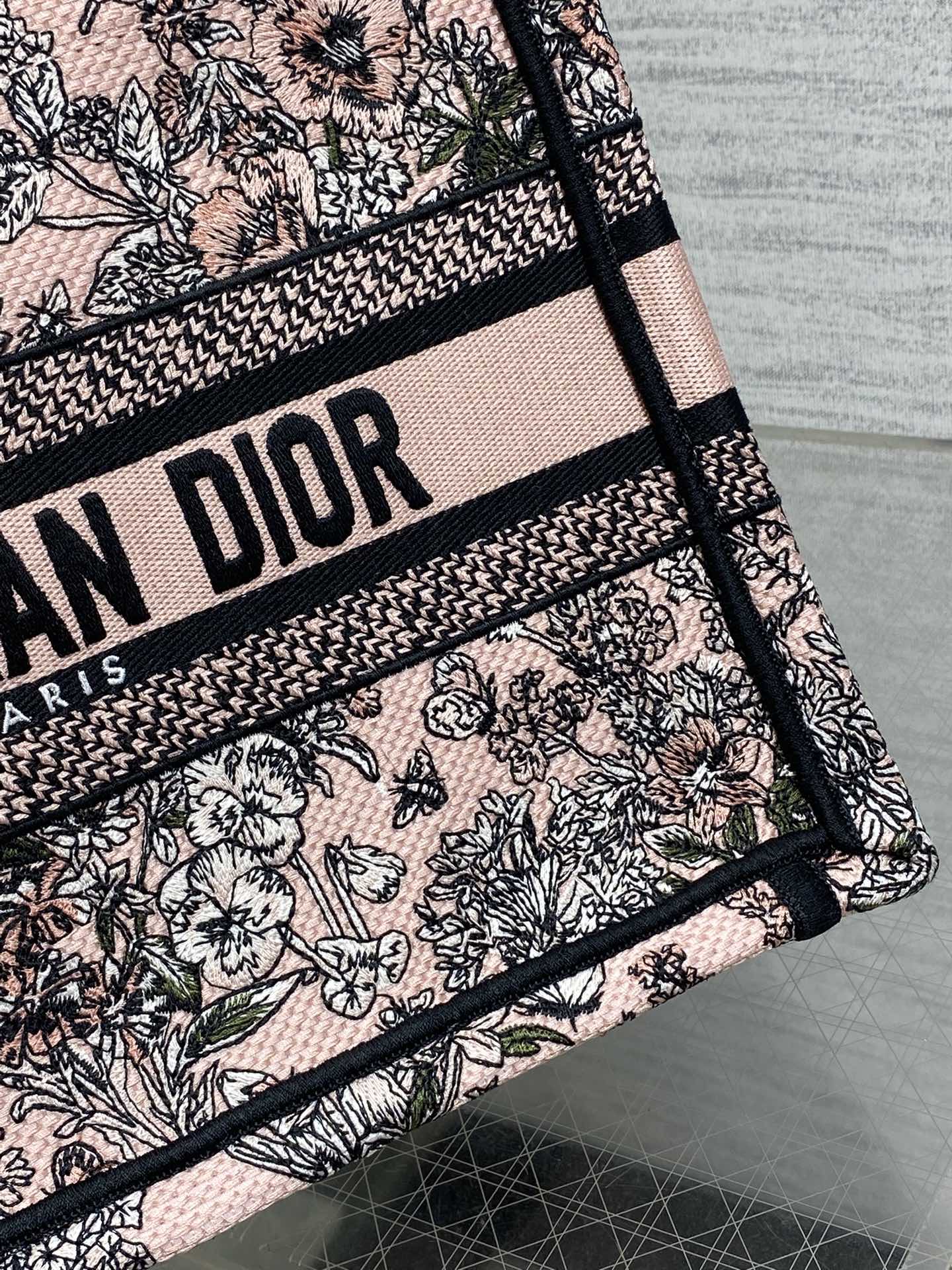 DIOR 25S LUCKY SMALL DIOR BOOK TOTE 26 IN PINK MULTICOLOR DIOR FLOWERS CALENDAR ALLOVER EMBROIDERY