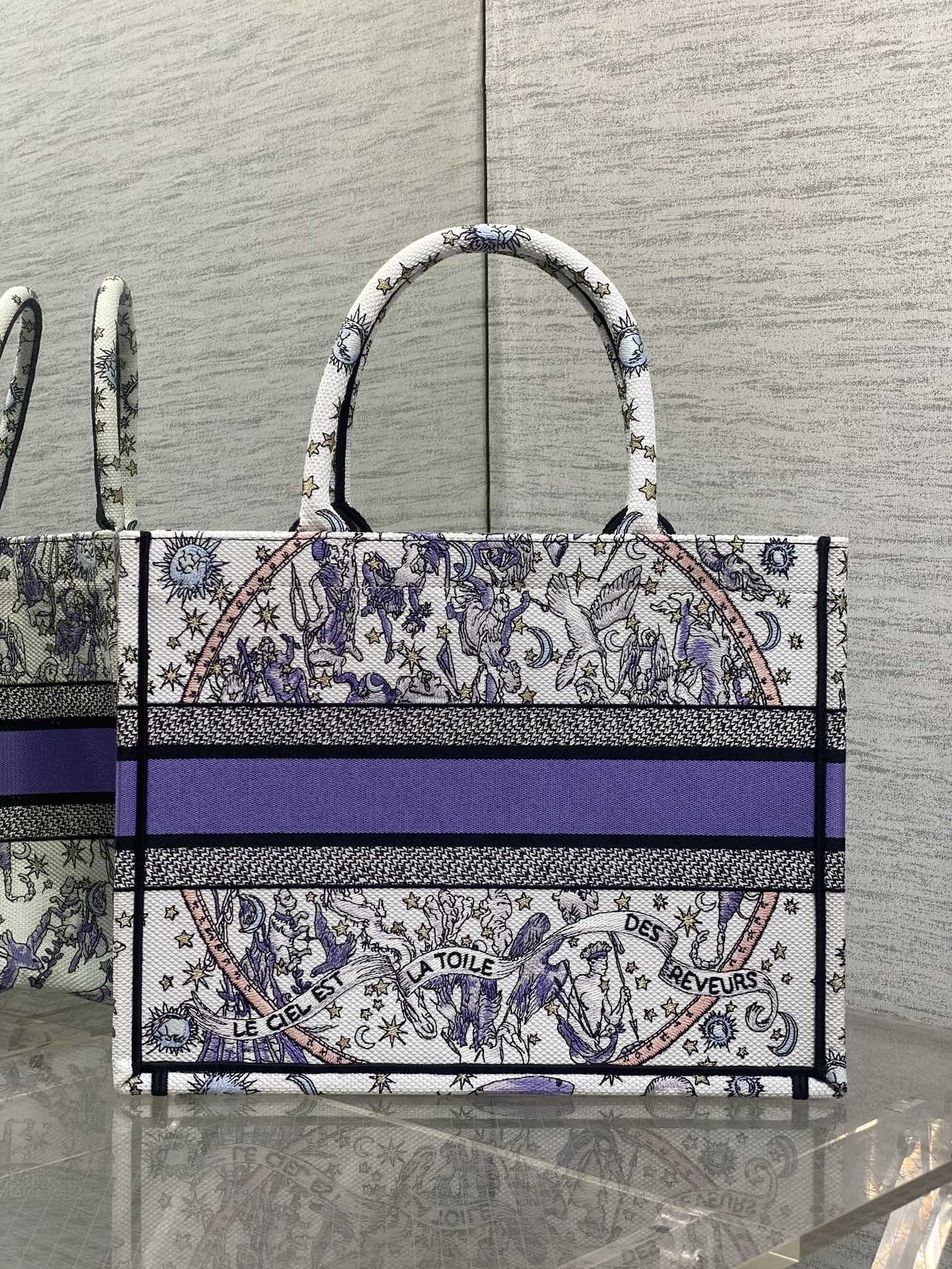 DIOR 25S LUCKY MEDIUM BOOK TOTE 36 IN WHITE AND PURPLE DIOR NIGHT OF DREAMS EMBROIDERY