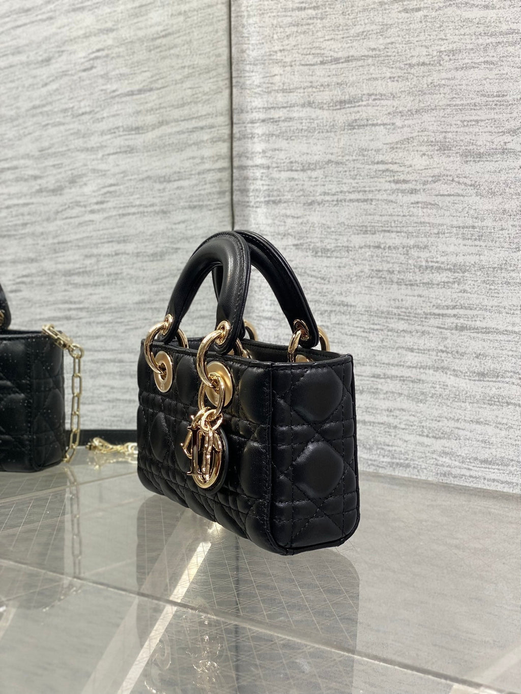 DIOR 25S MICRO LADY D-JOY 19 IN BLACK CALFSKIN GOLD HARDWARE