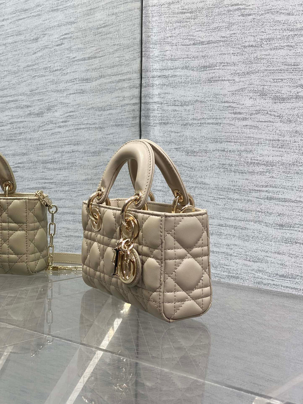 DIOR 25S MICRO LADY D-JOY 19 IN POWDER BEIGE CALFSKIN GOLD HARDWARE