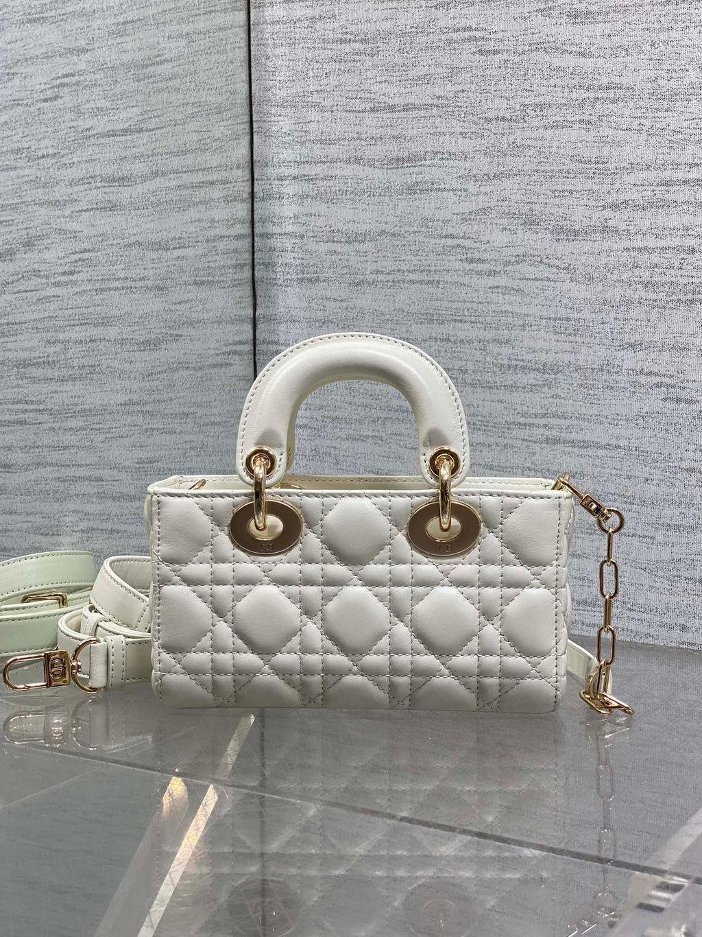 DIOR 25S MICRO LADY D-JOY 19 IN IVORY CALFSKIN GOLD HARDWARE