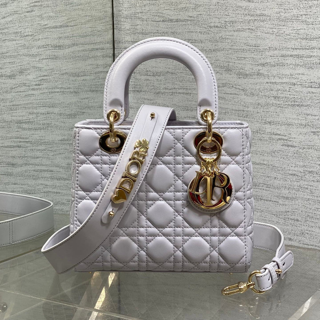 DIOR 25S LADY  BAG 20 IN LILAC CANNAGE CALFSKIN GOLD HARDWARE